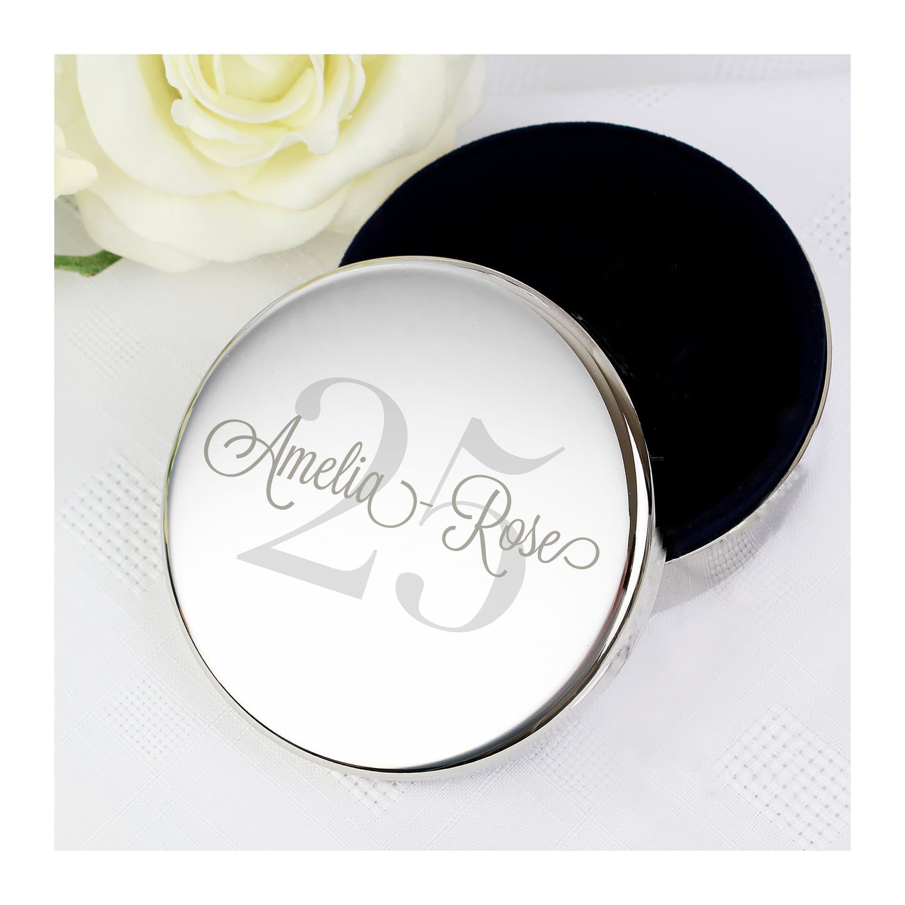 Personalised round trinket box with a name and big age
