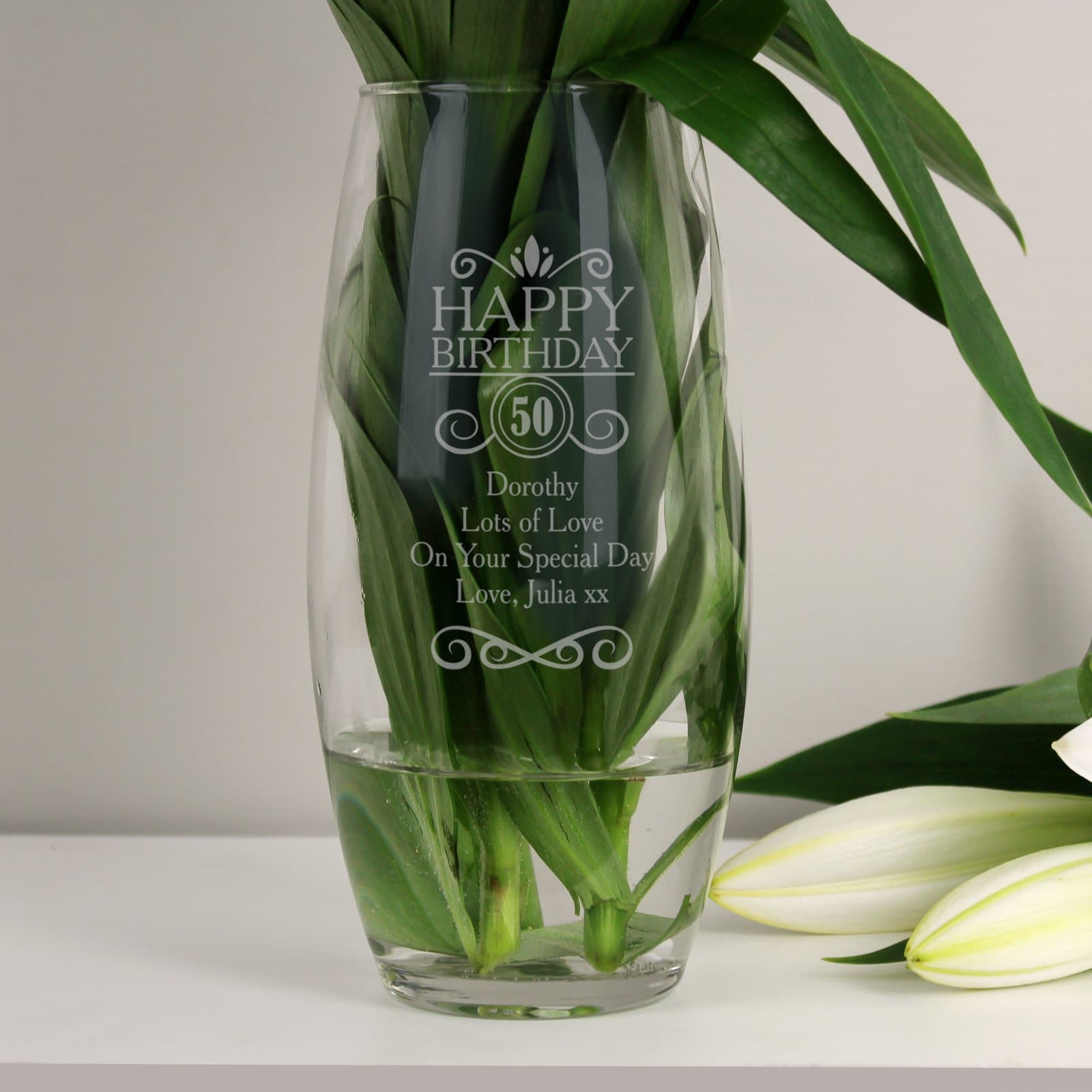 Personalised hand blown glass birthday bullet vase with HAPPY BIRTHDAY