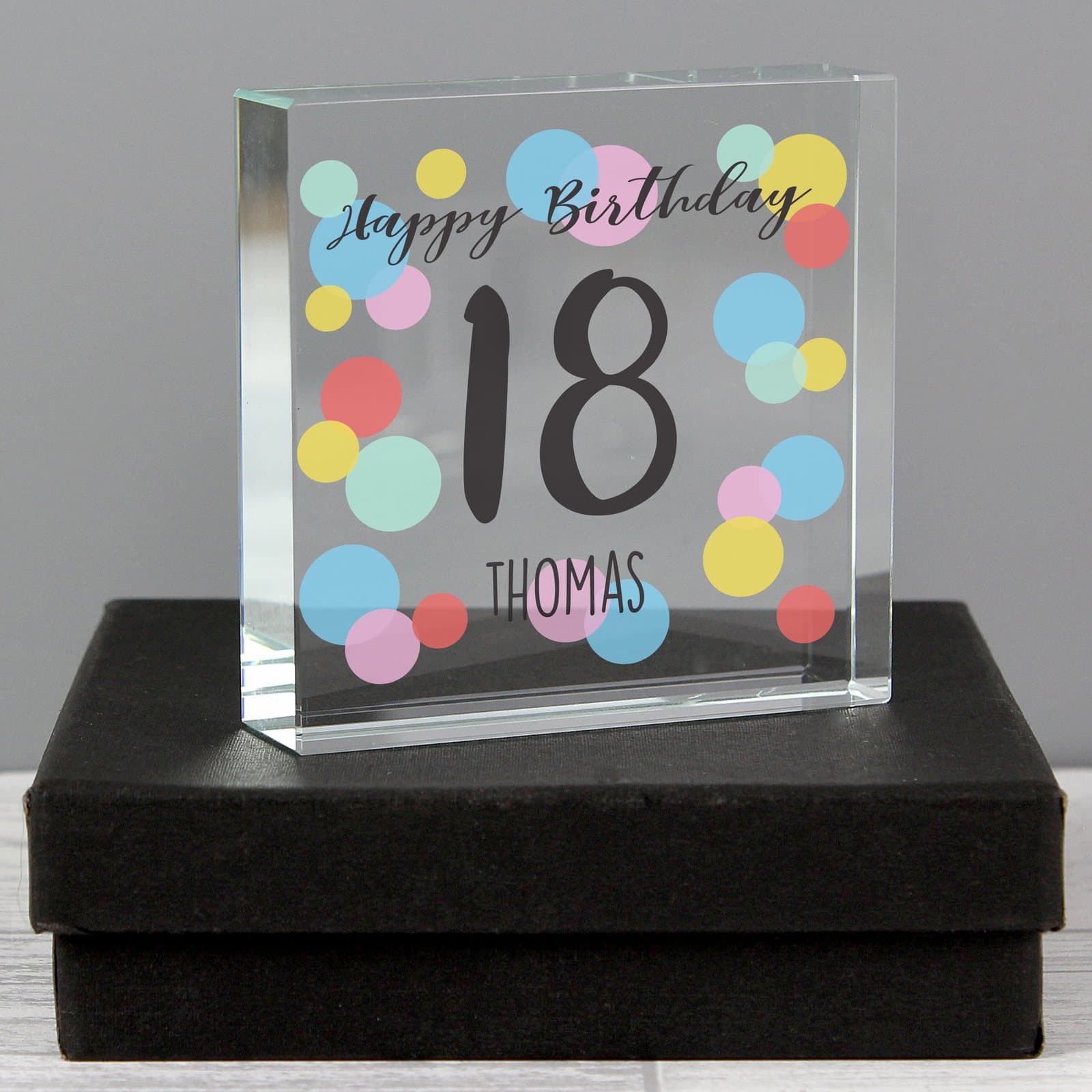 Glass birthday token with a big age