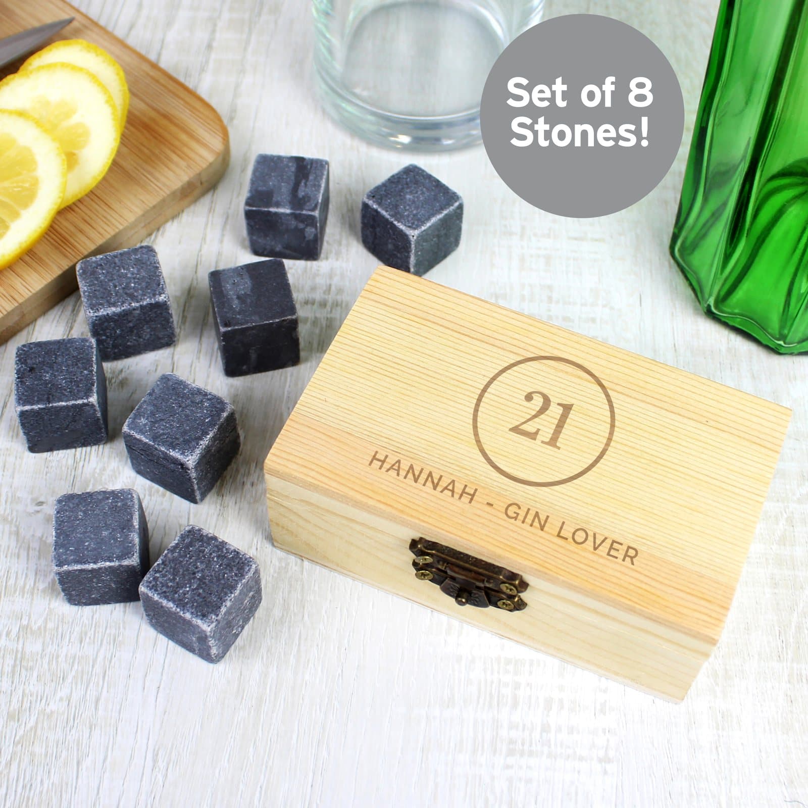 Cooling stones set in a wooden clasp locked box personalised for a birthday