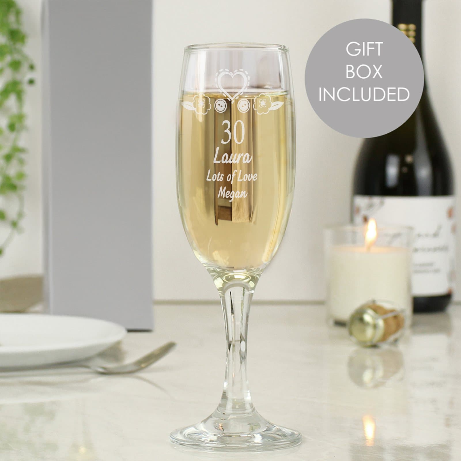 Elegant personalised birthday flute glass with age, name and message