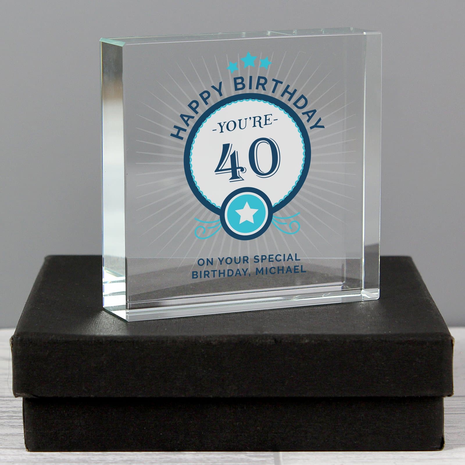 Square glass Happy Birthday token personalised with an age and message