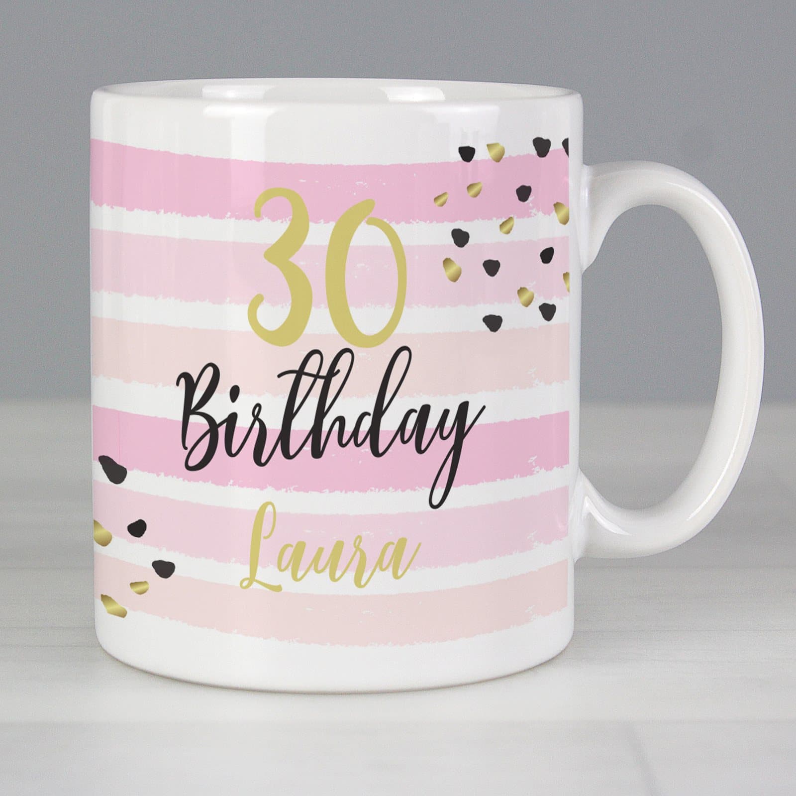 Gold and pink stripe birthday mug with personalised age and name