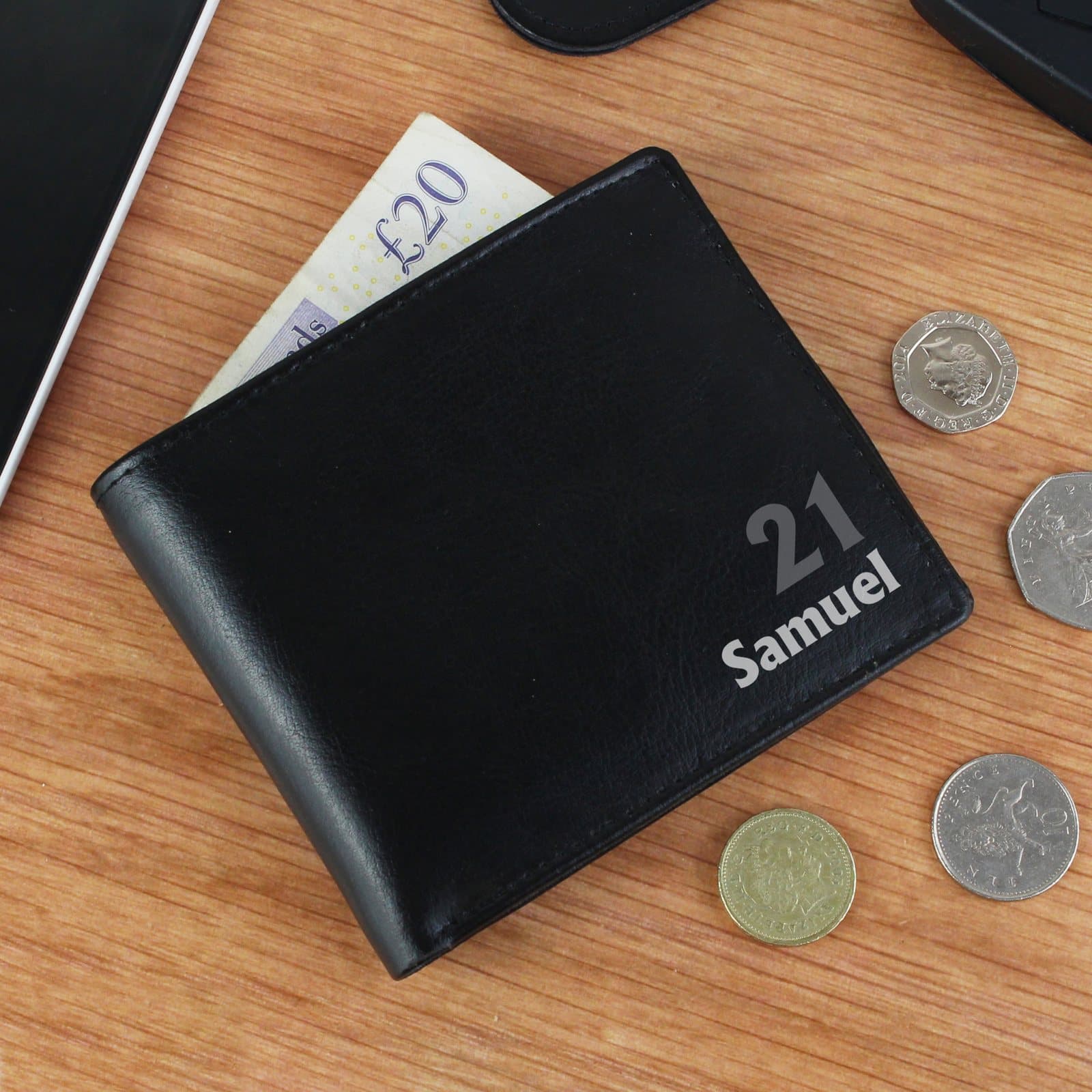 Leather wallet personalised with a name and age