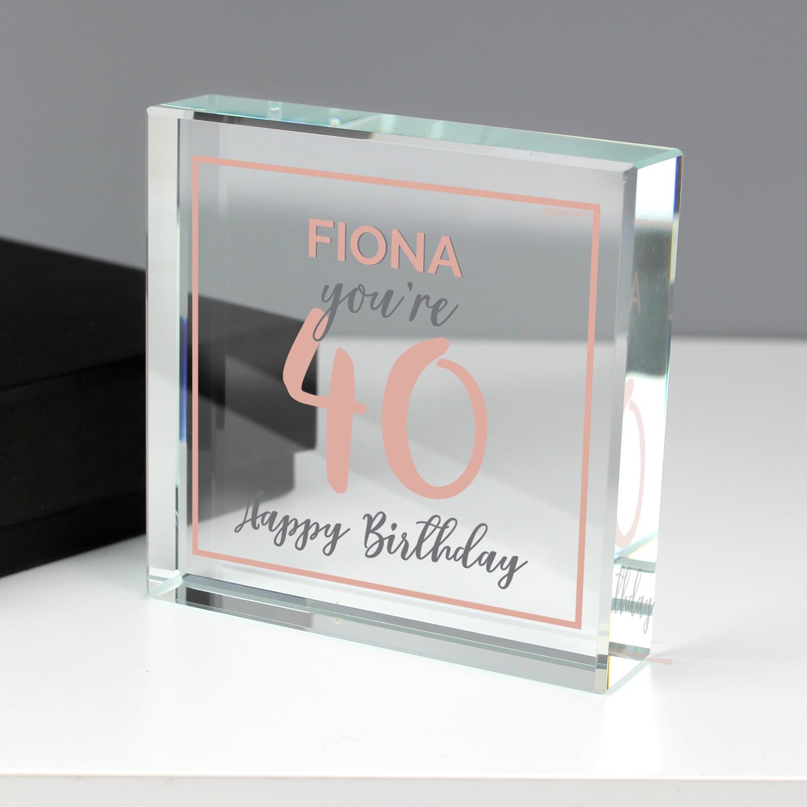 Square glass rose gold birthday token personalised with a name, age and message