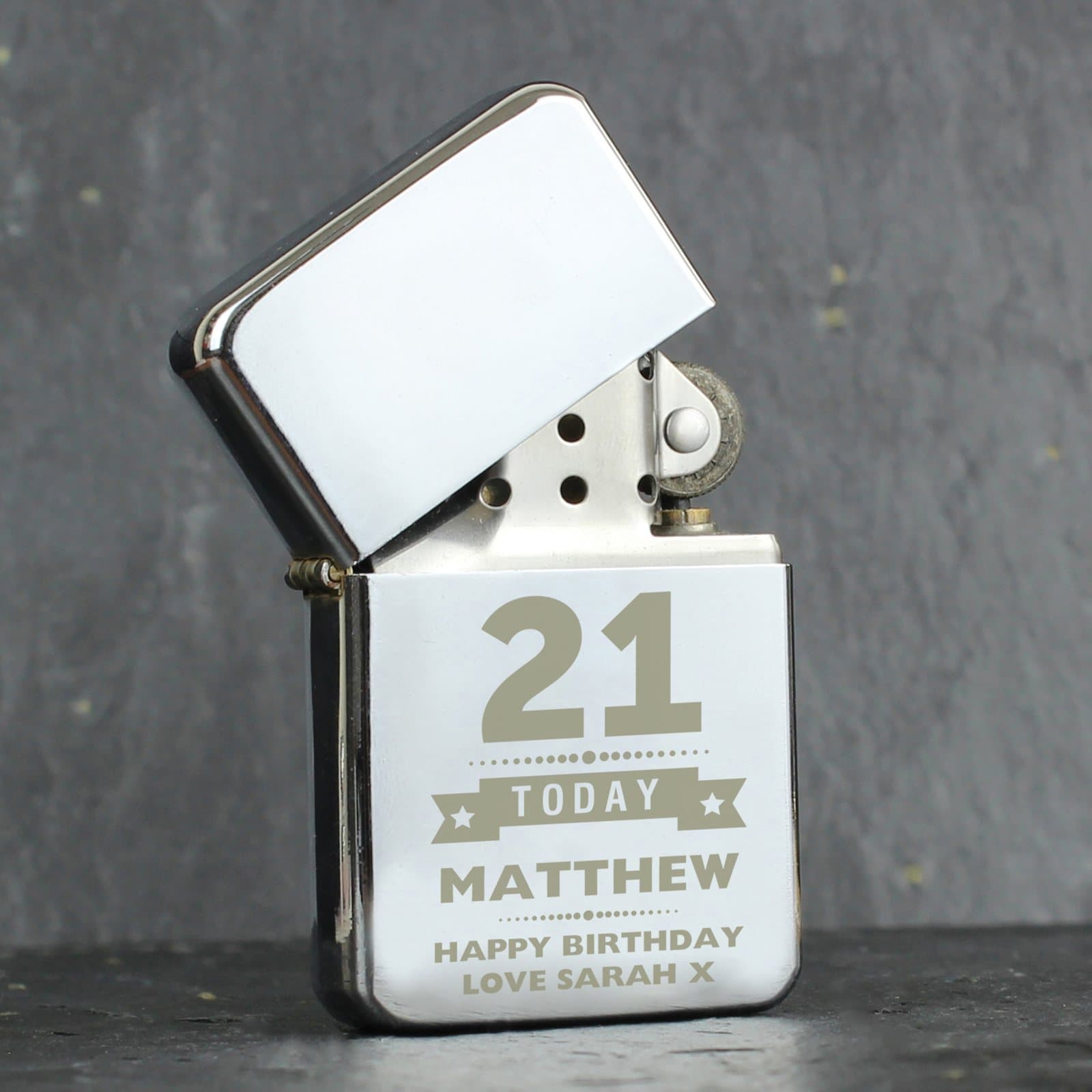 Small oil lighter personalised with an age and name