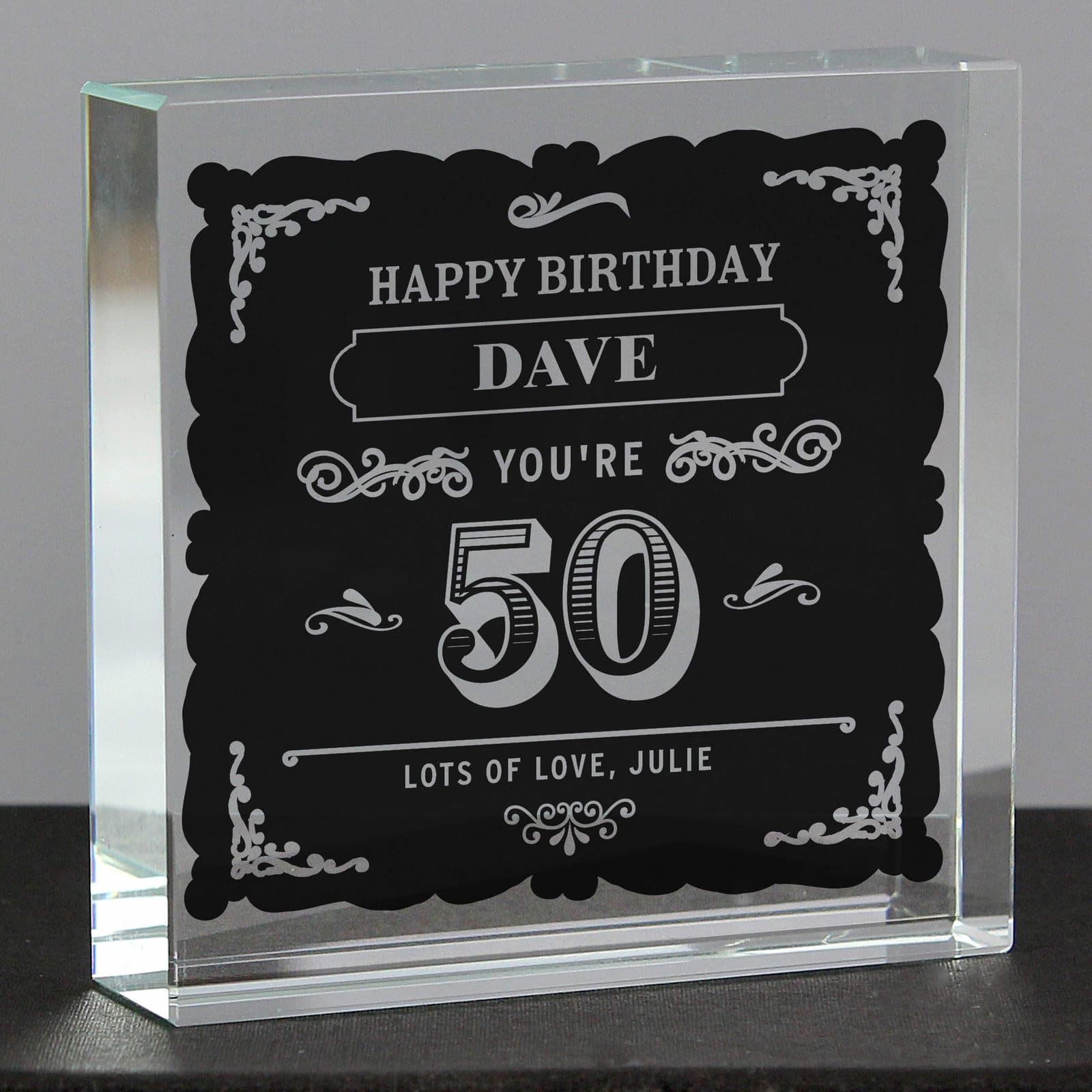 Crystal birthday token with vintage typography showing a name, age and message