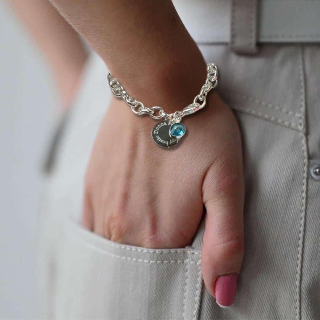 Silver plated cable bracelet with a birthstone charm and an engraved stainless steel disc.