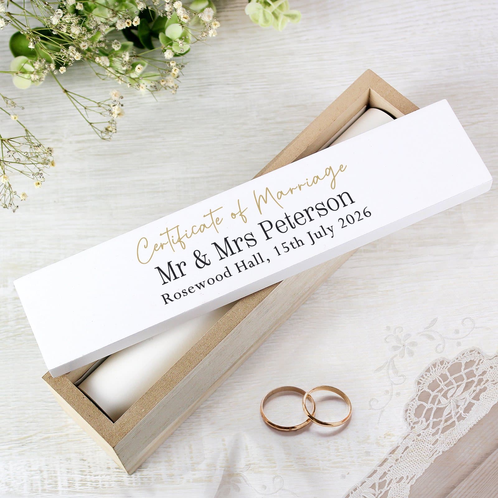 Black and gold wooden certificate holder with personalised text