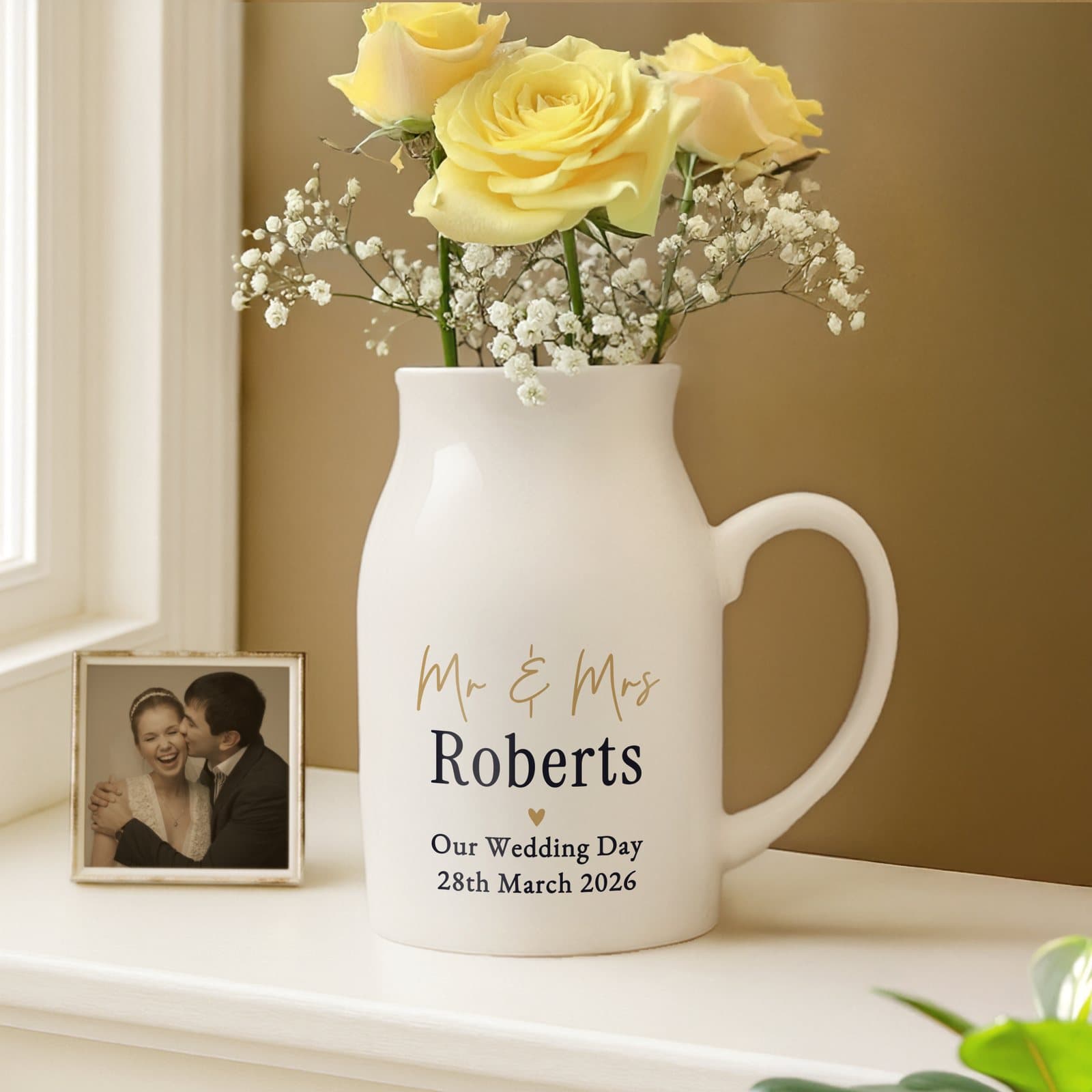 Black and gold ceramic jug vase with four lines of personalised text