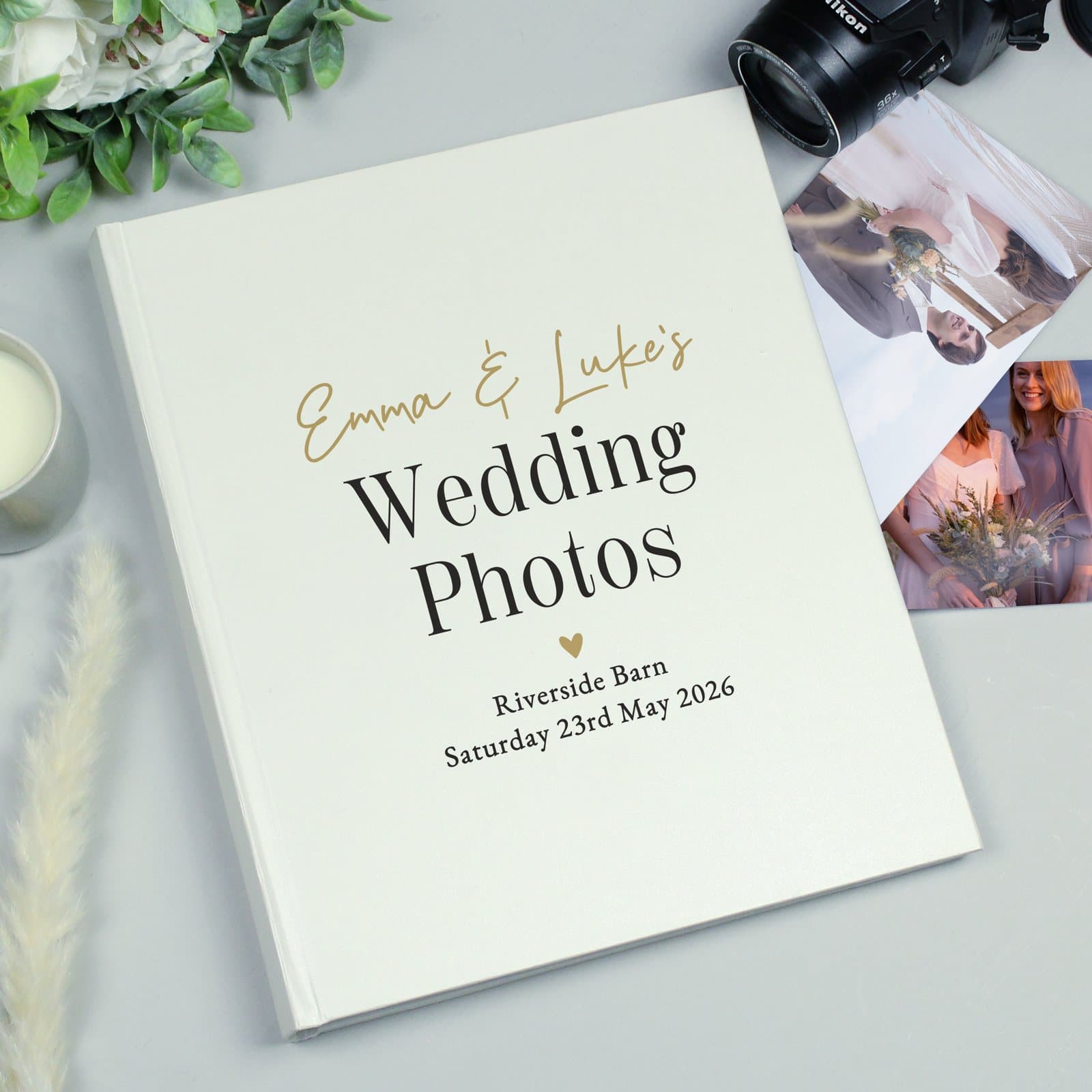Black and gold traditional photo album with personalised cover text and heart