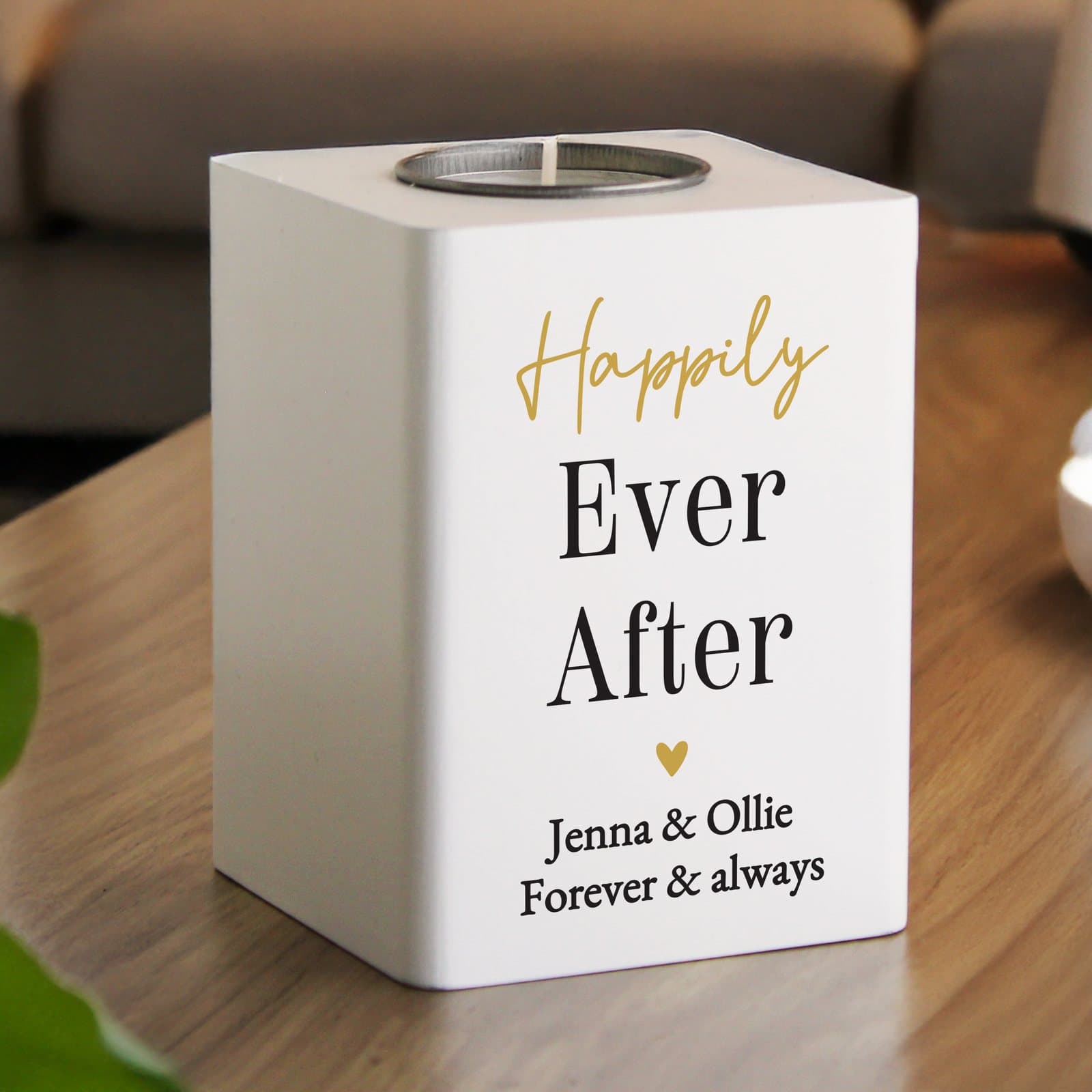 Personalised black and gold white wooden tealight holder with a metal case for a tea light