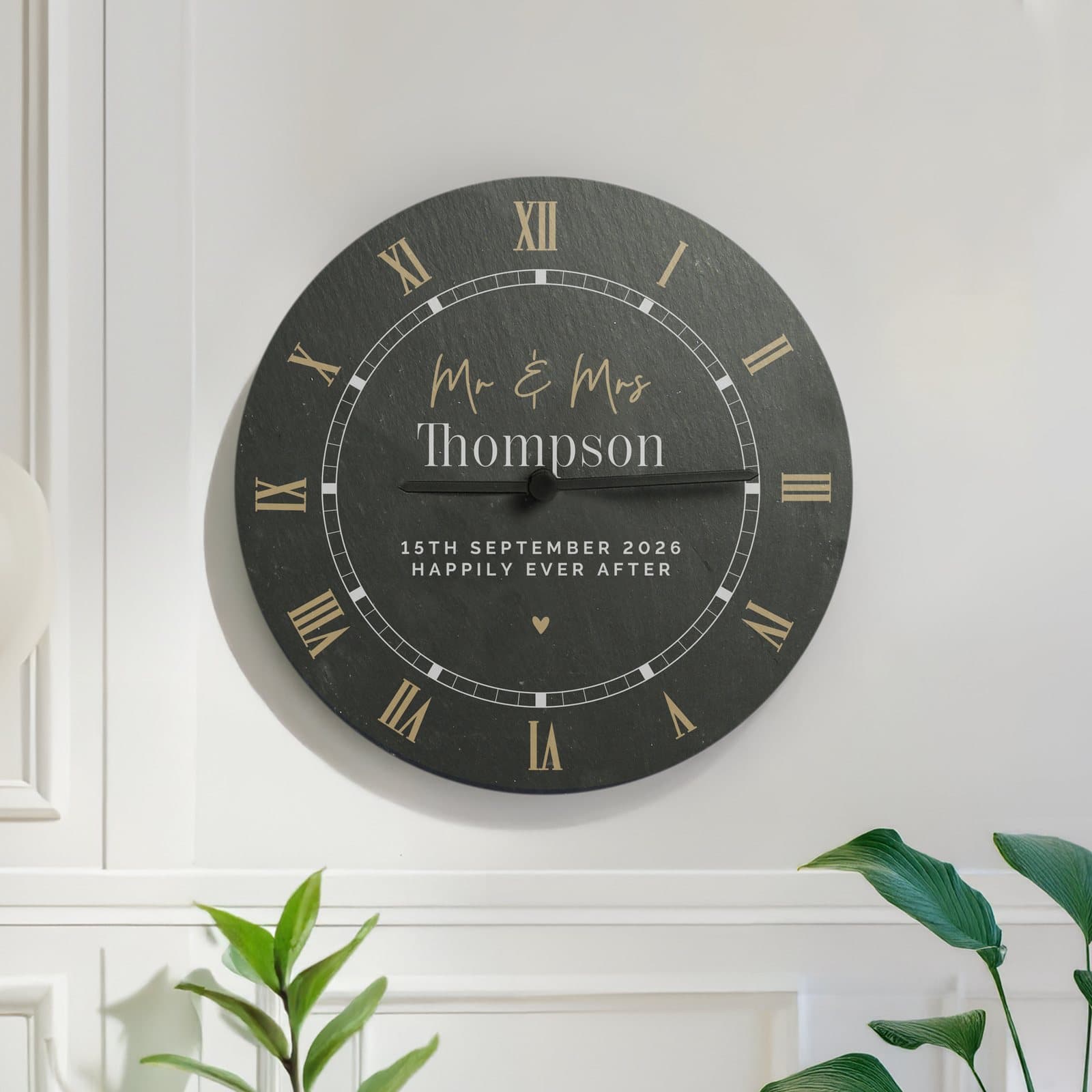 Square black and gold slate clock with personalised text