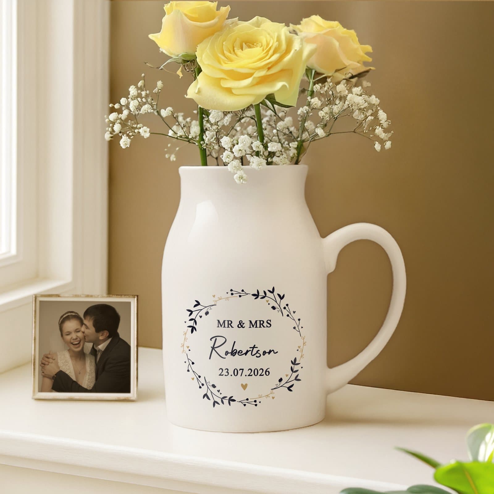 Black and gold wreath jug vase with personalised message