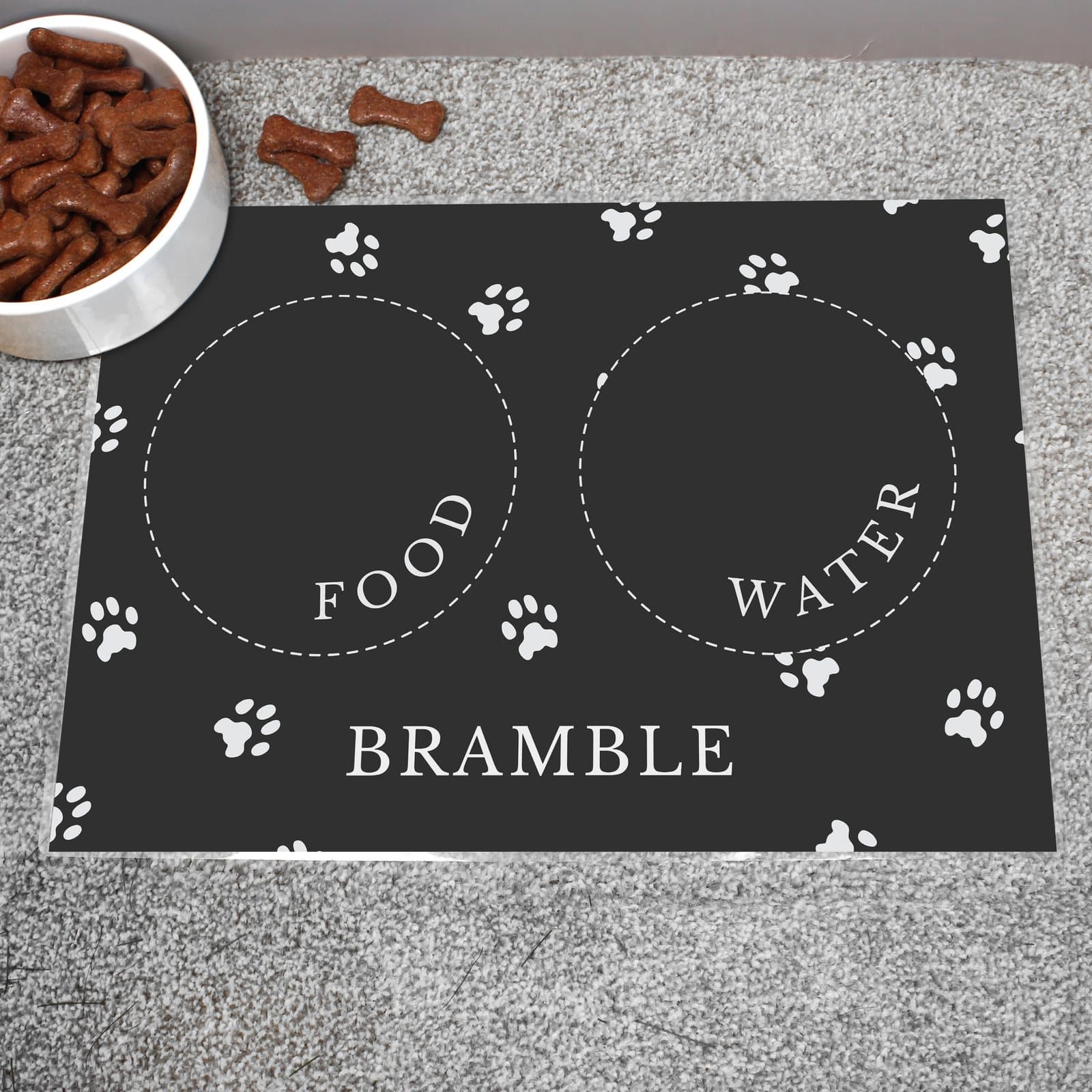Personalised black Food and Water pet bowl mat