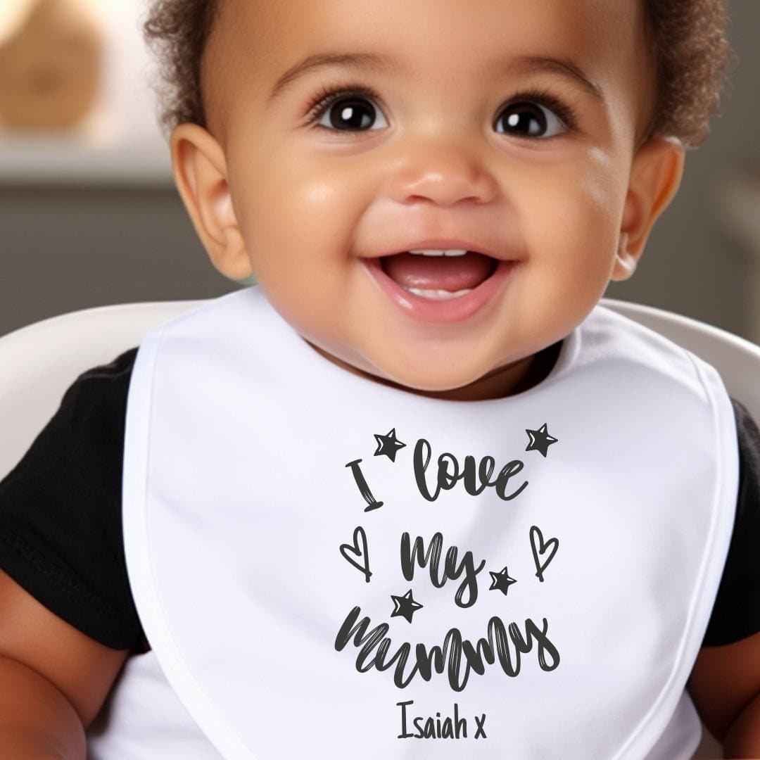 Black and white I Love My Mummy design on a personalised baby outfit