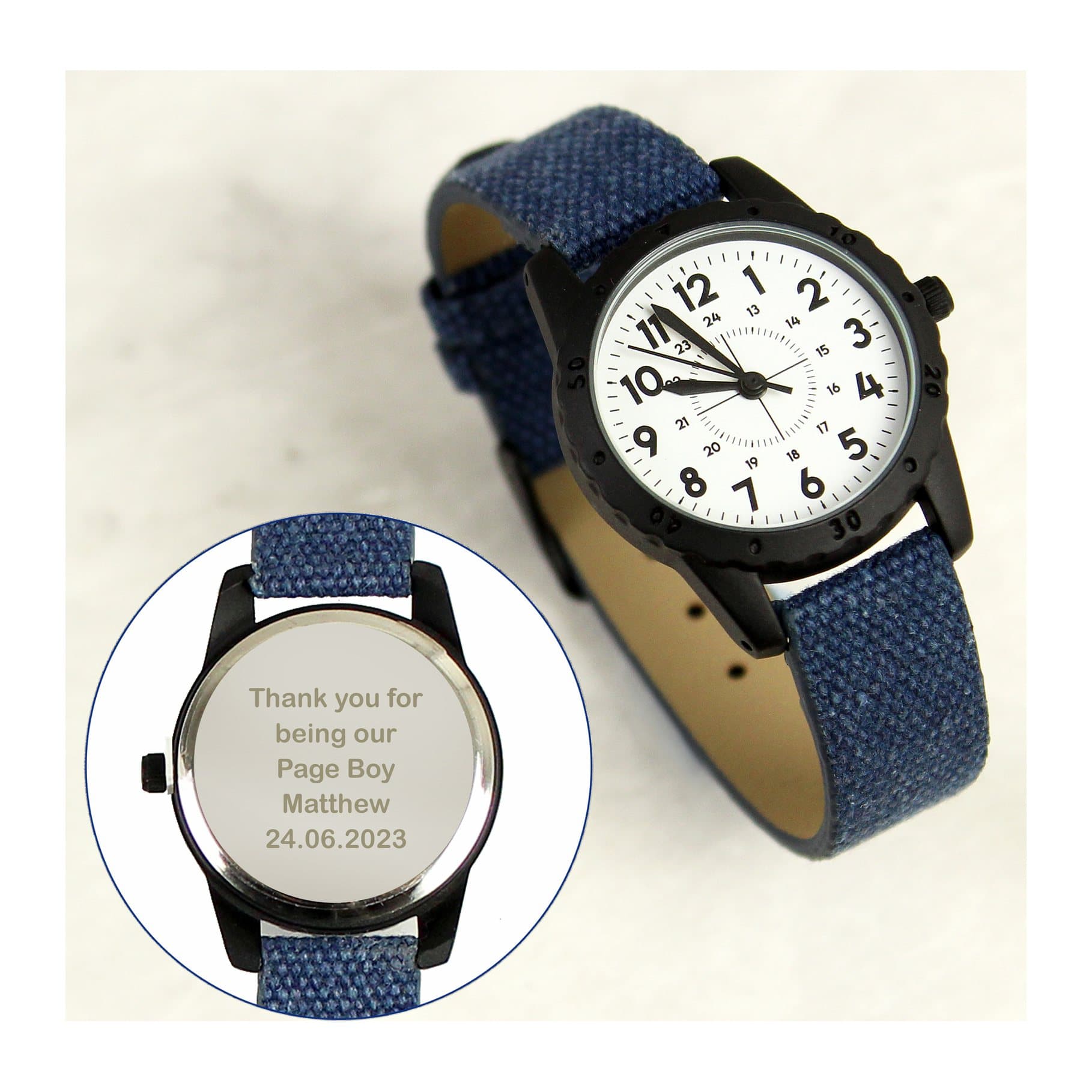 Boys watch with a blue canvas strap and a 3 cm clock face