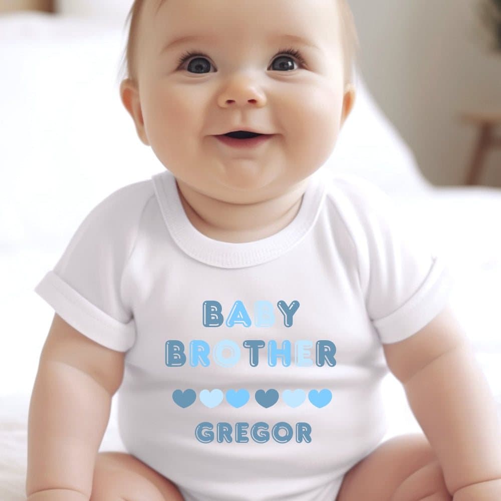 Blue personalised Baby Brother baby outfit with the Baby Brother artwork