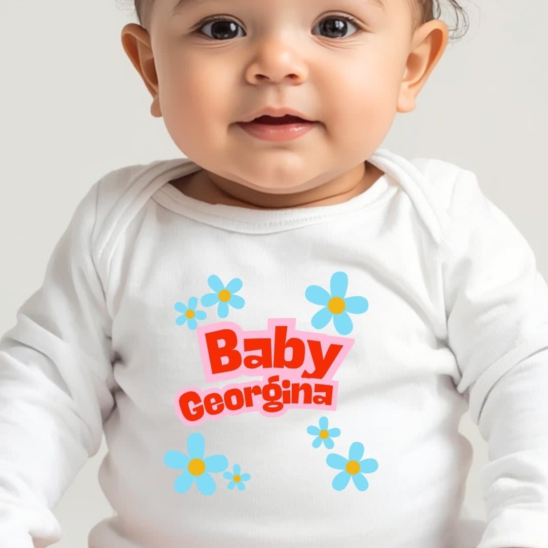 Personalised blue baby outfit with daisy artwork and a name