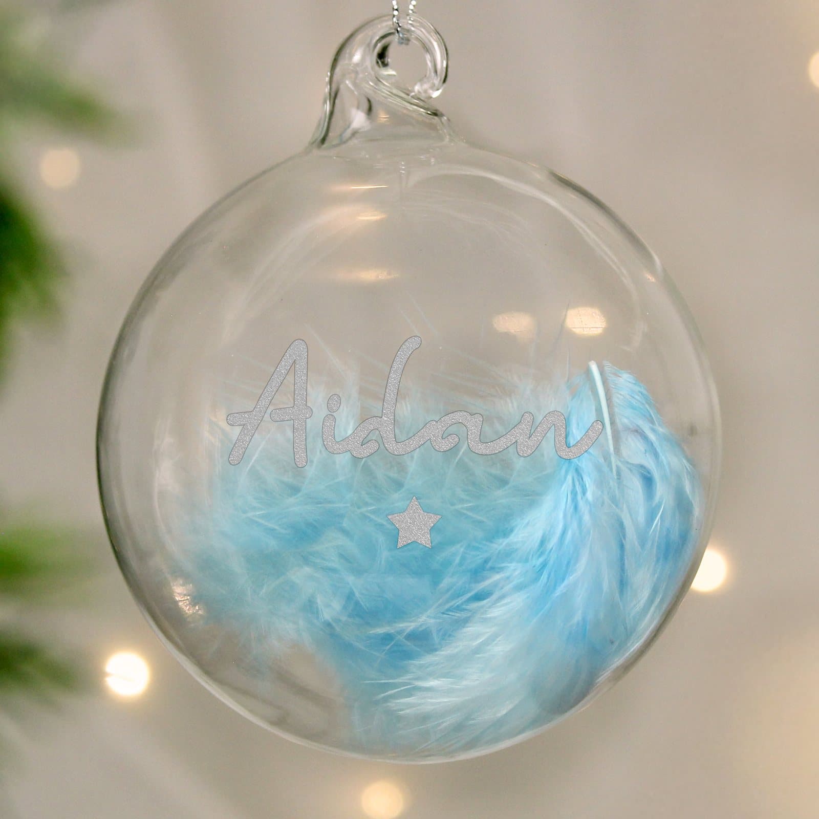 Glass bauble filled with a blue feather and a silver star