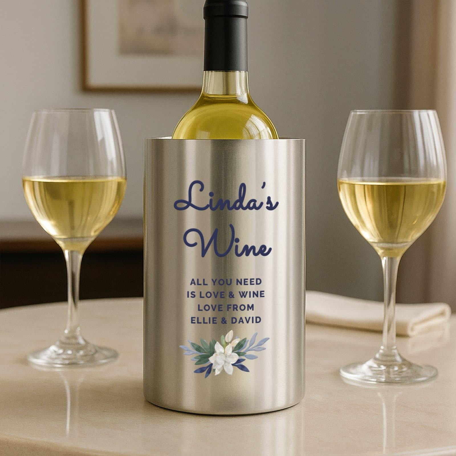 Personalised blue floral brushed stainless steel wine cooler