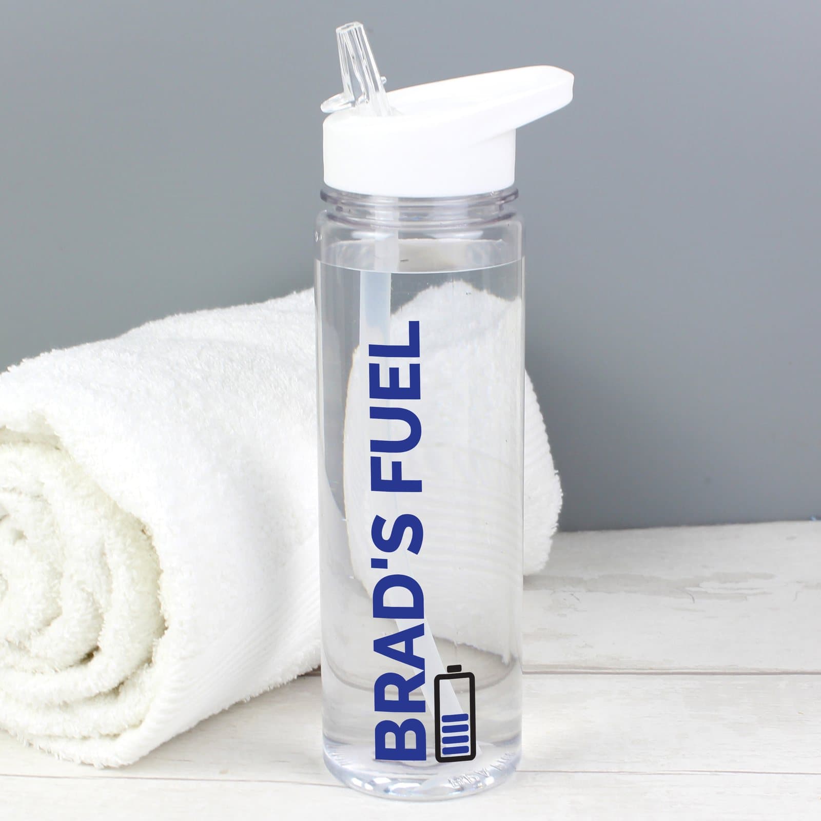 Personalised blue fuel water bottle with white twist-on lid and straw spout