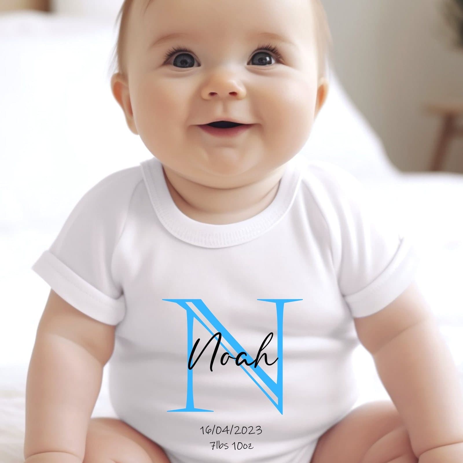 Blue baby grow with an initial design and a name