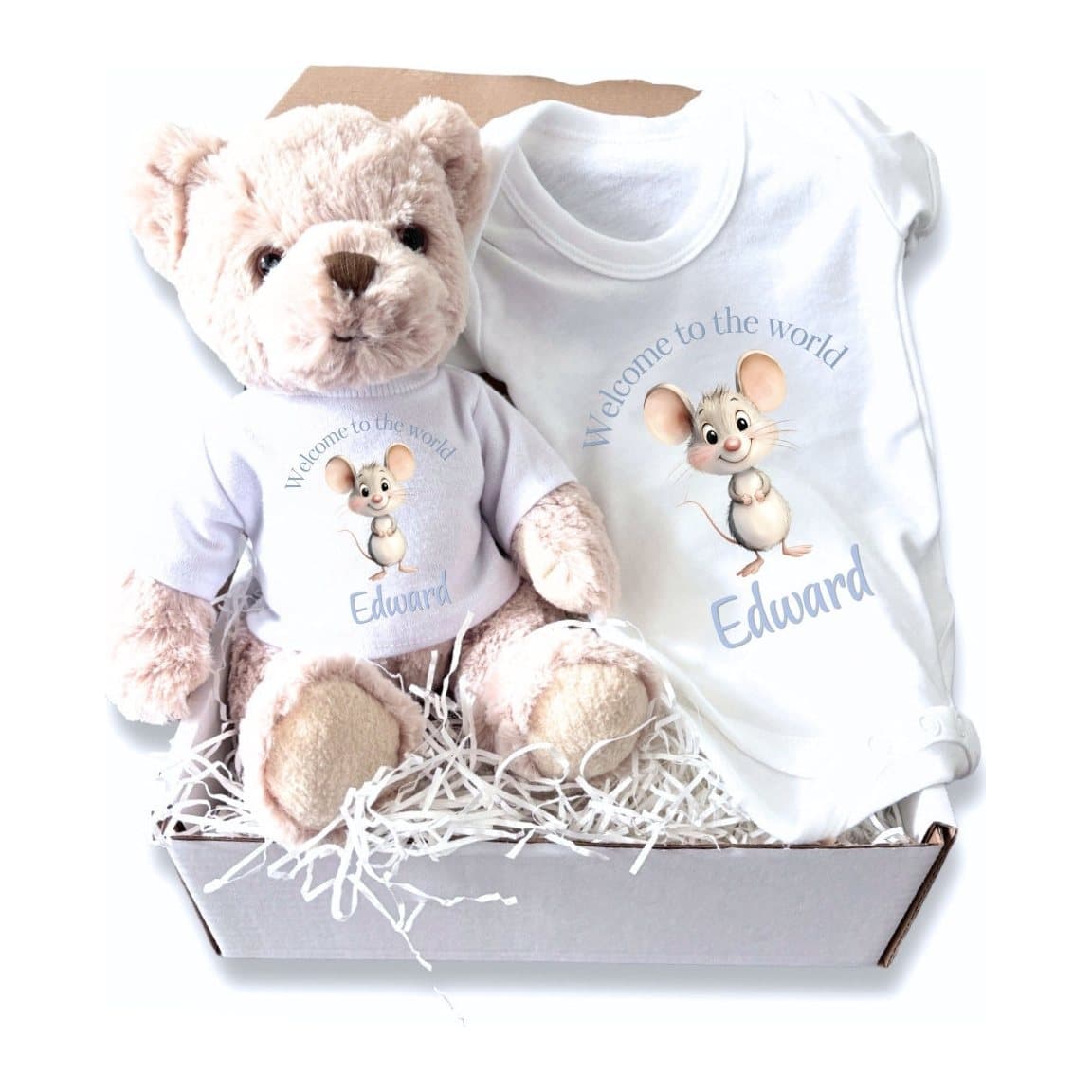 Personalised blue mouse baby gift box with a teddy and a baby vest.