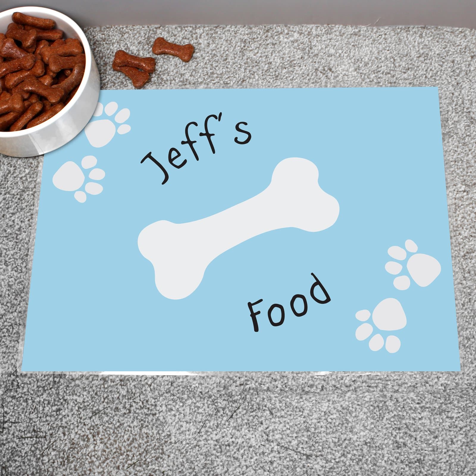 Personalised blue paw print dog pet bowl mat
