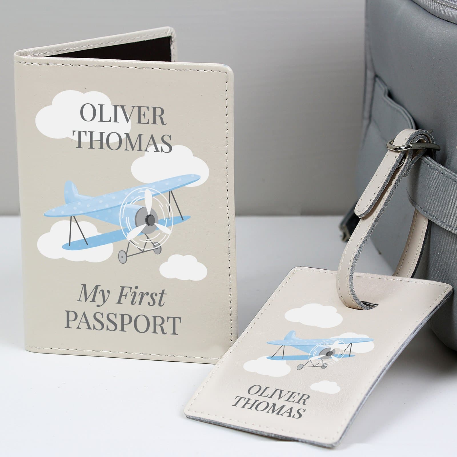 Leather passport holder and luggage tag with a blue plane design