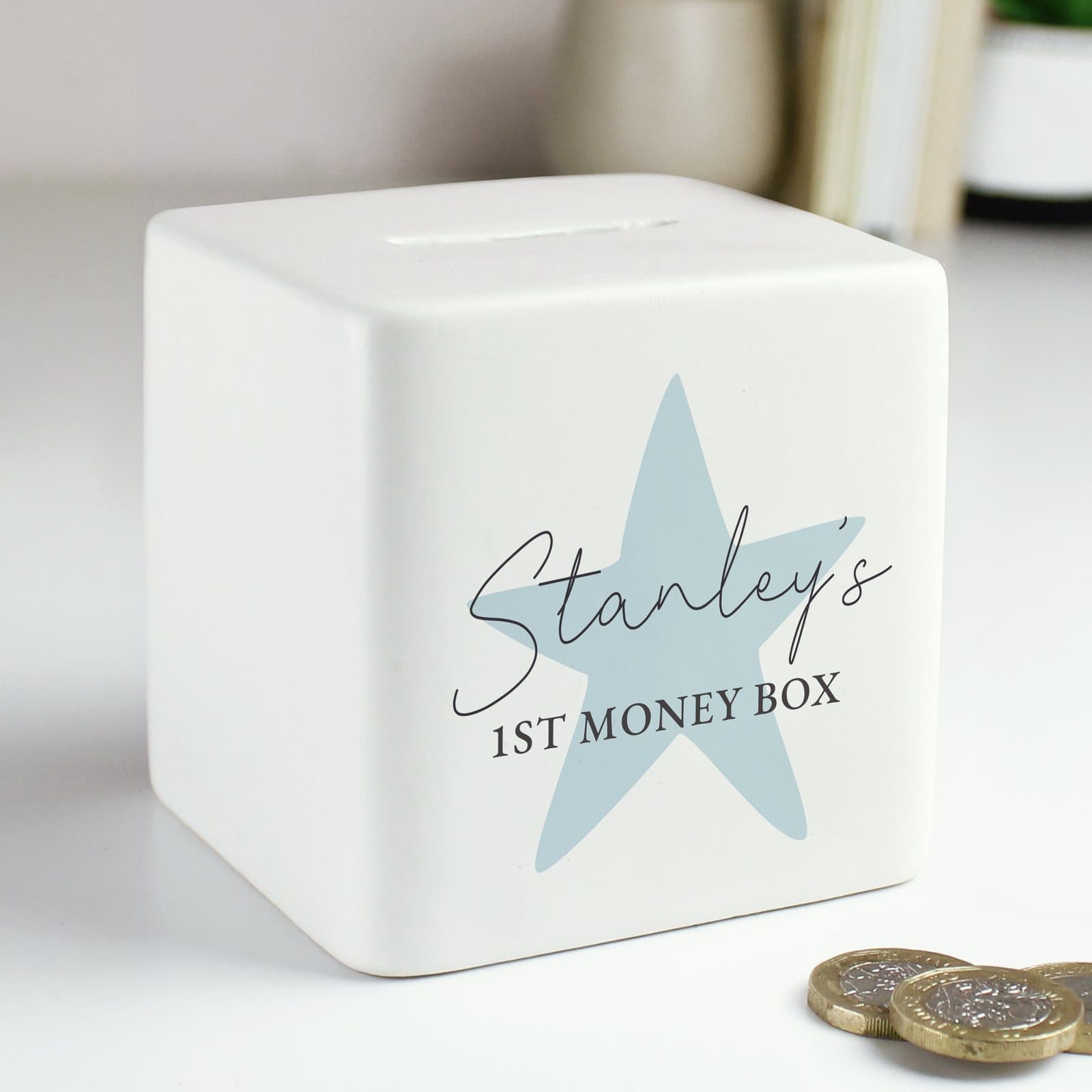 Square blue star ceramic money box with a name and message