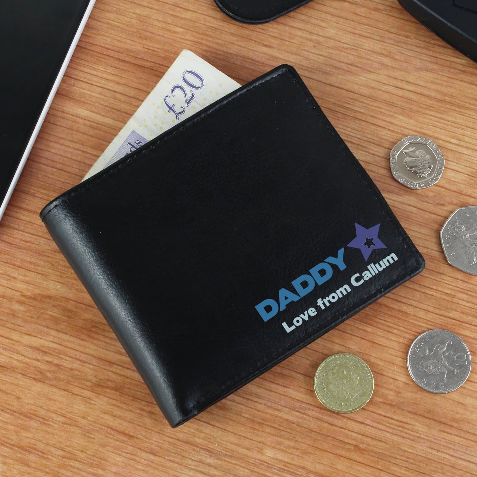 Blue personalised leather wallet for dad