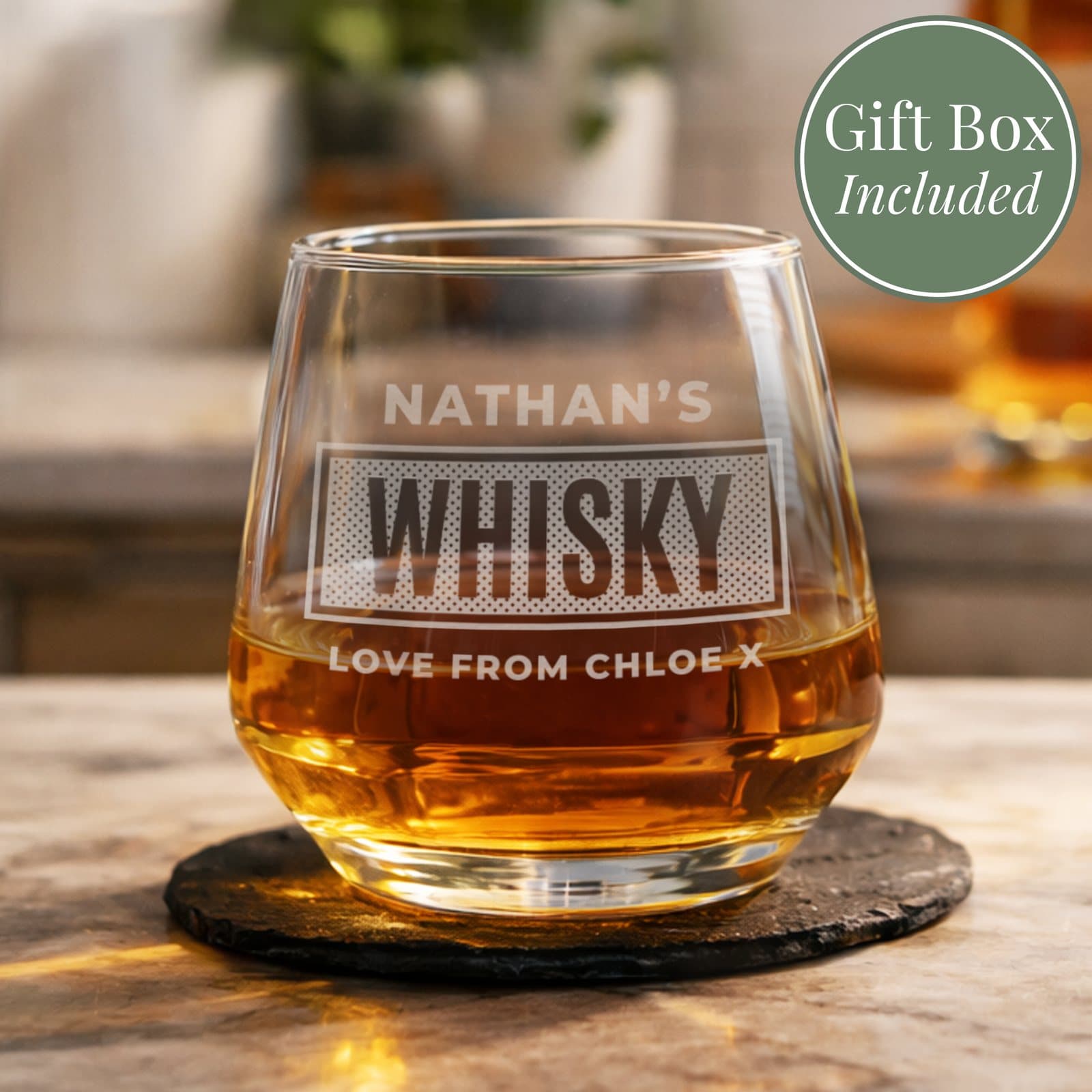 Personalised bold drink tumbler glass engraved with three lines of text