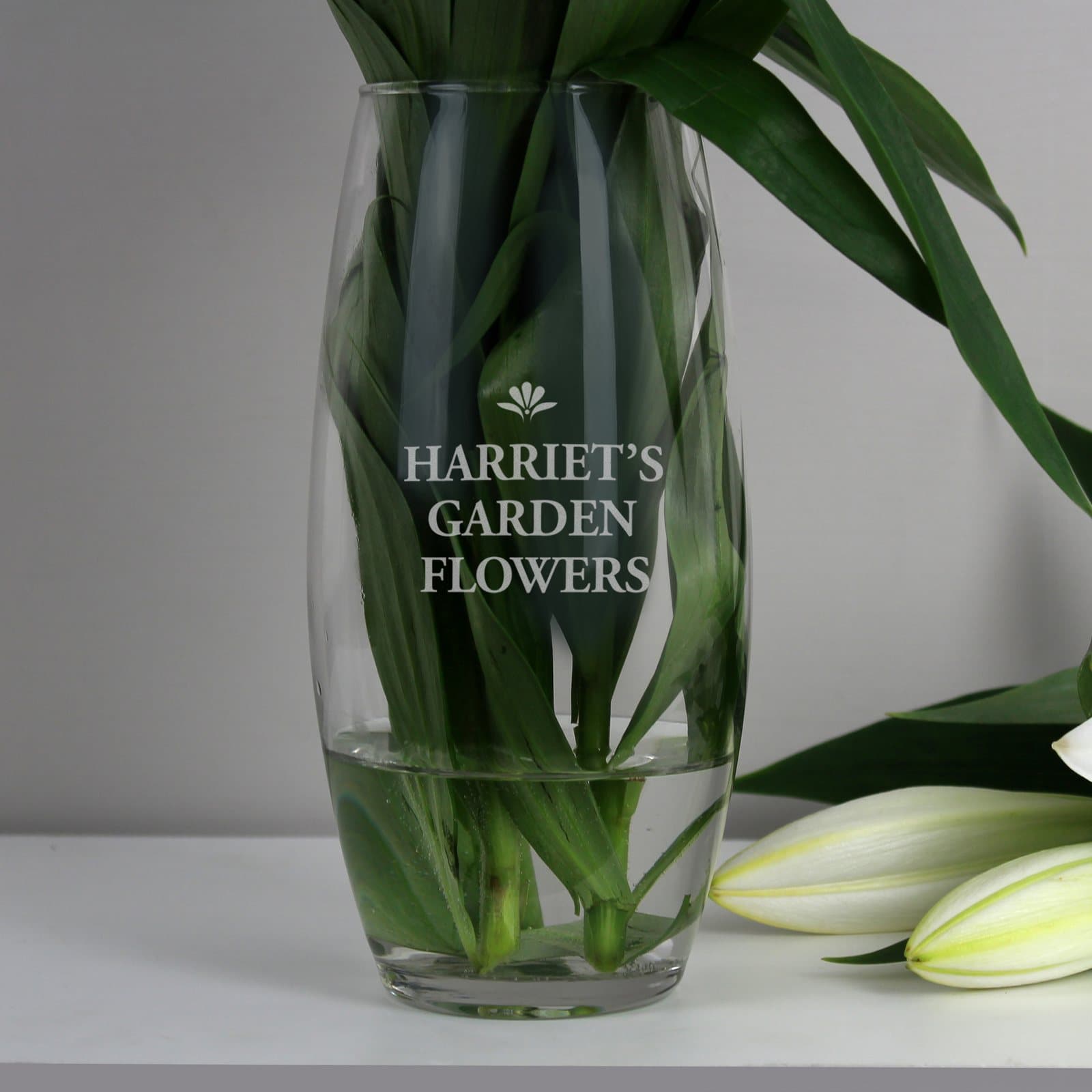 Glass bullet vase personalised with three lines of bold uppercase text