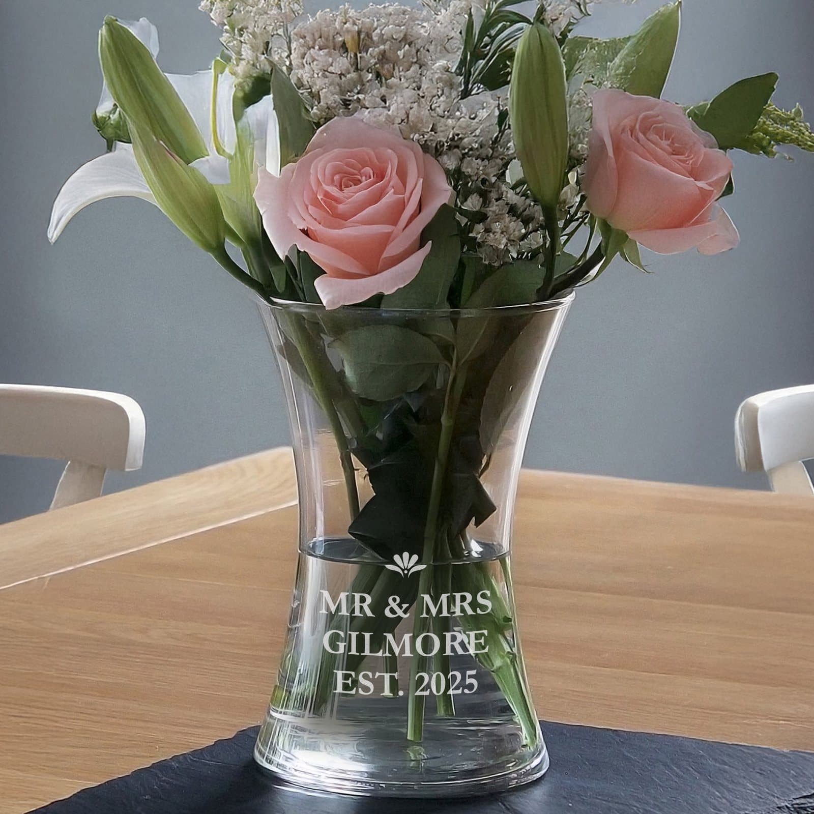 Personalised bold font glass vase with three lines of text