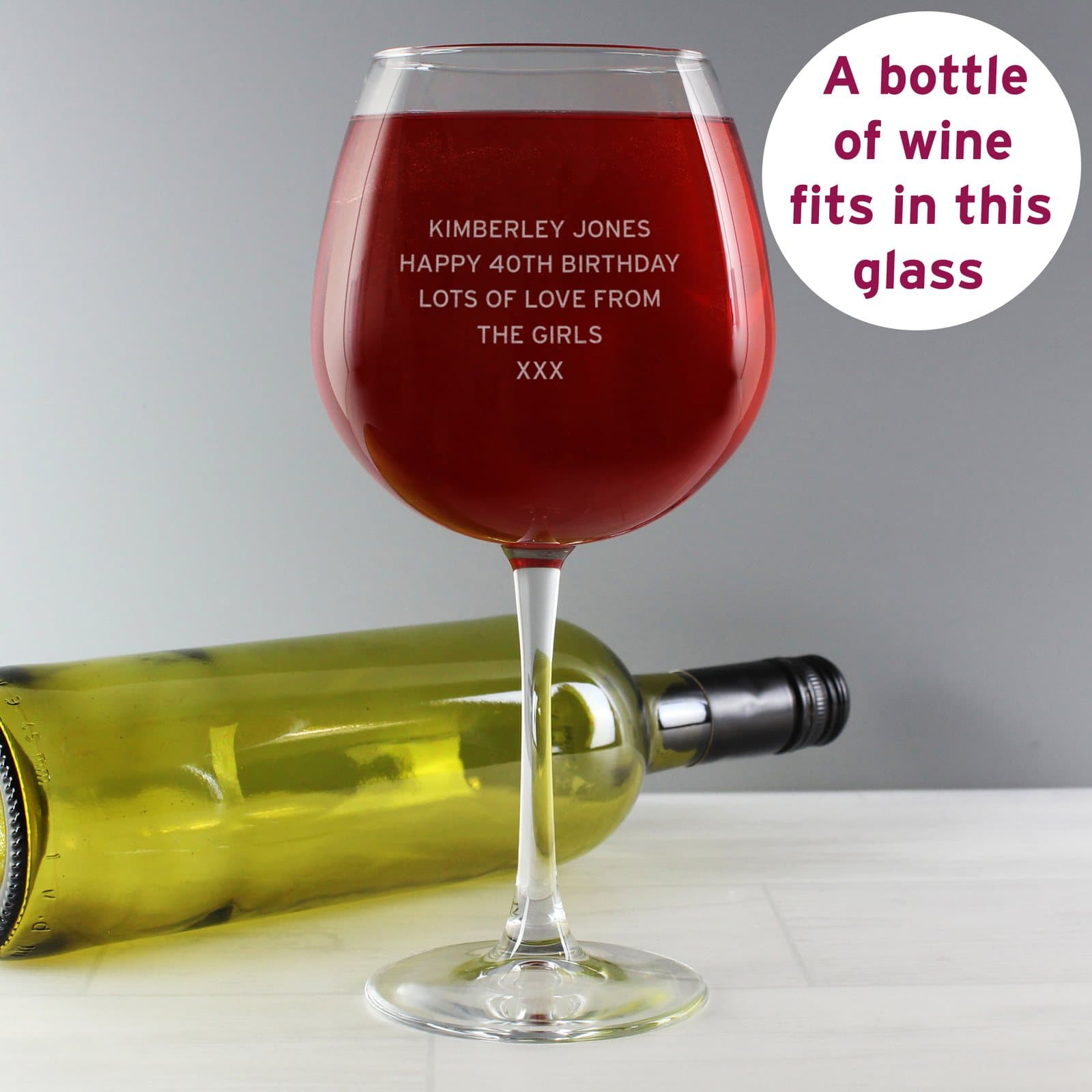 Personalised oversized bottle of wine glass with a five-line message