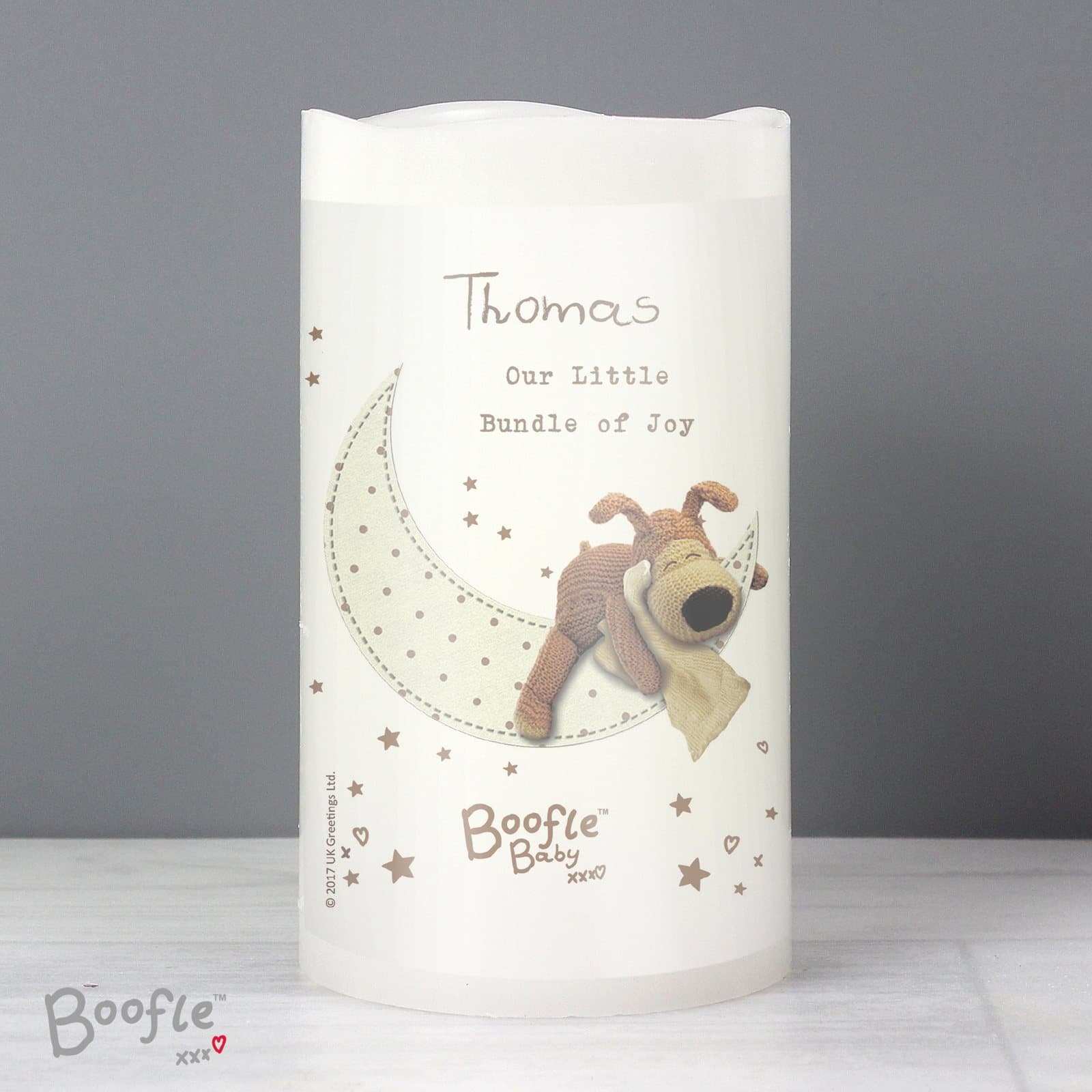Boofle baby nightlight LED candle personalised with a message, in an organza bag