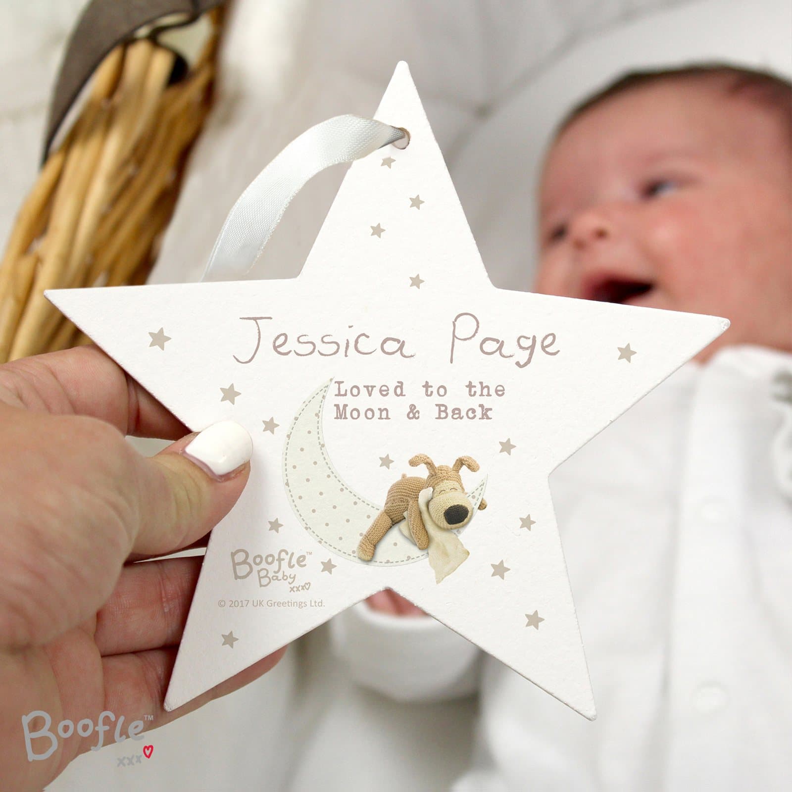 Boofle baby wooden star decoration with ribbon, personalised with a name