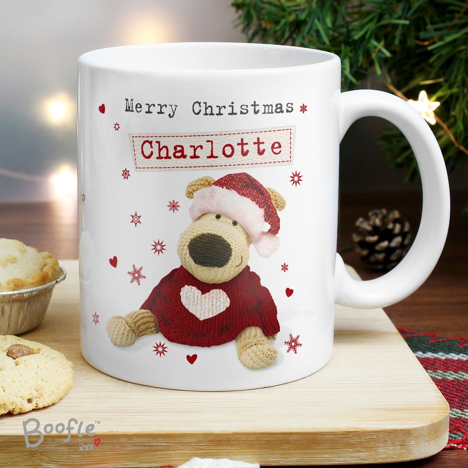 Ceramic Boofle Christmas love mug with a banner on the front