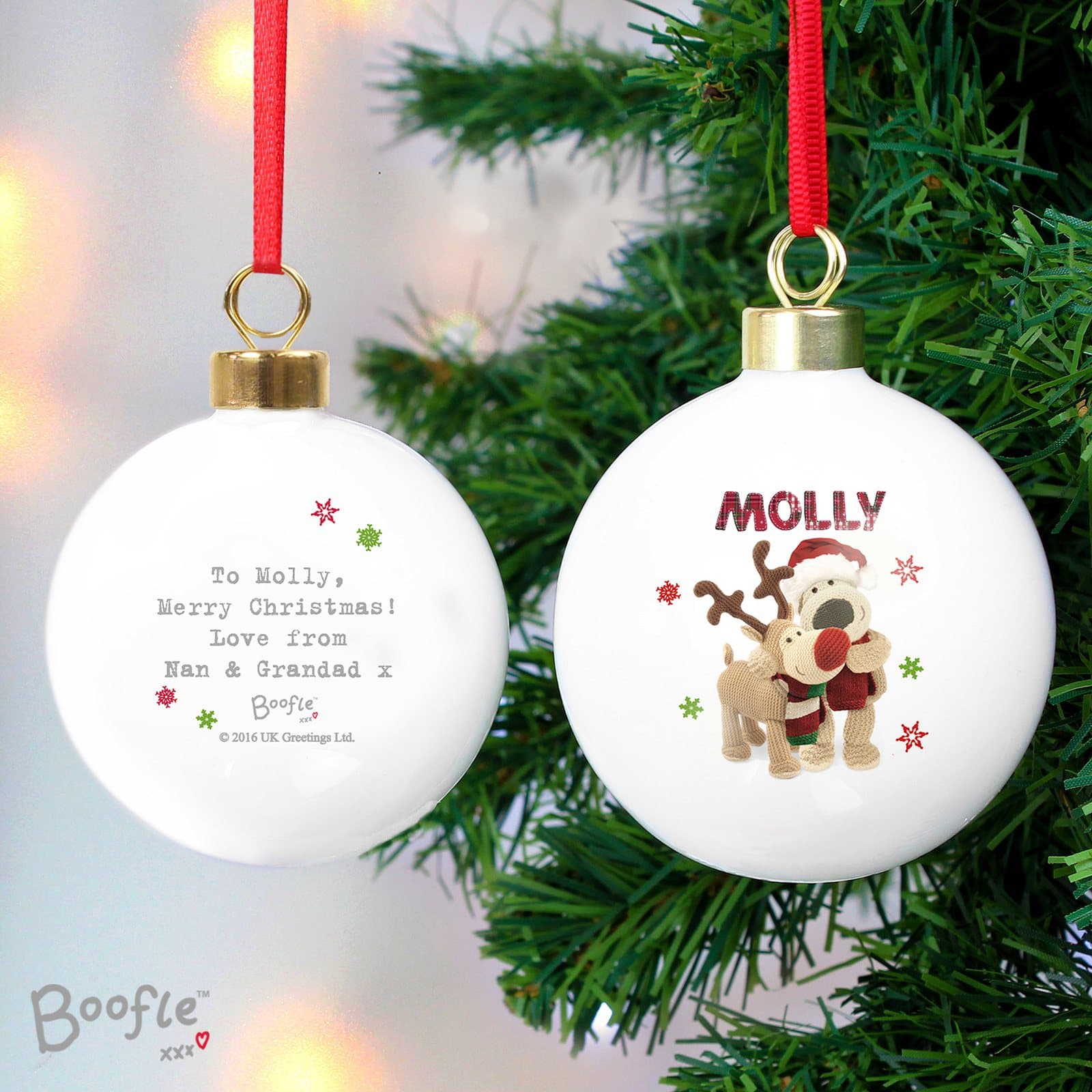Boofle Christmas reindeer bauble with a ribbon and personalised name