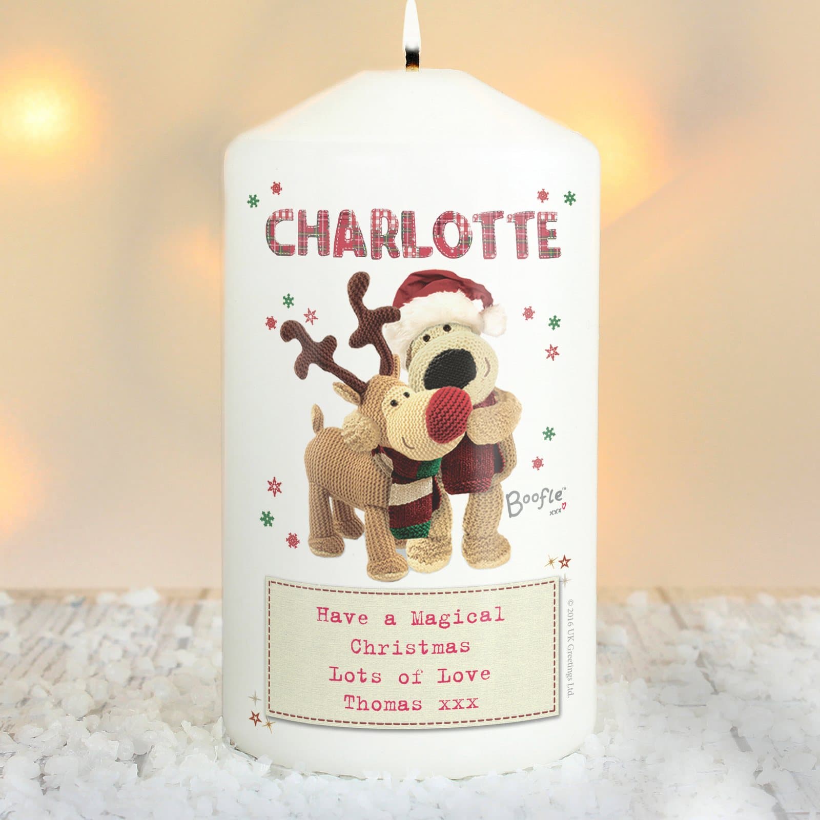 Boofle Christmas reindeer pillar candle with a personalised name and message