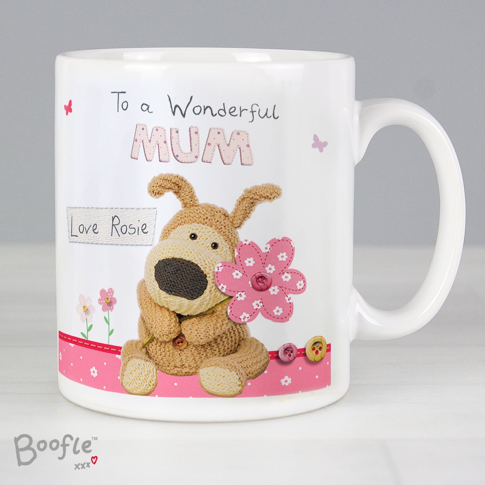 Personalised Boofle flowers mug, a ceramic mug for mum