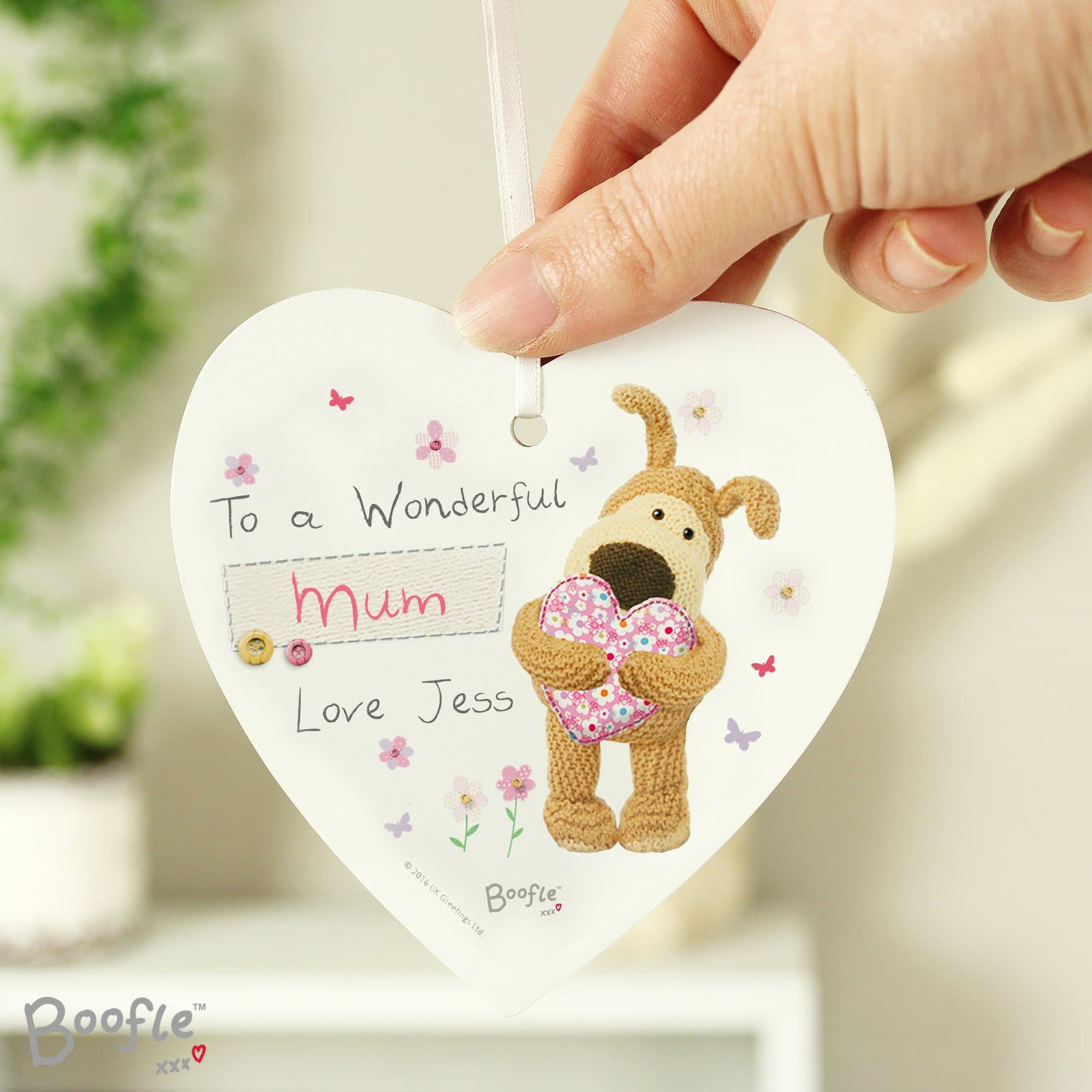 Wooden heart decoration with Boofle and flowers design and ribbon