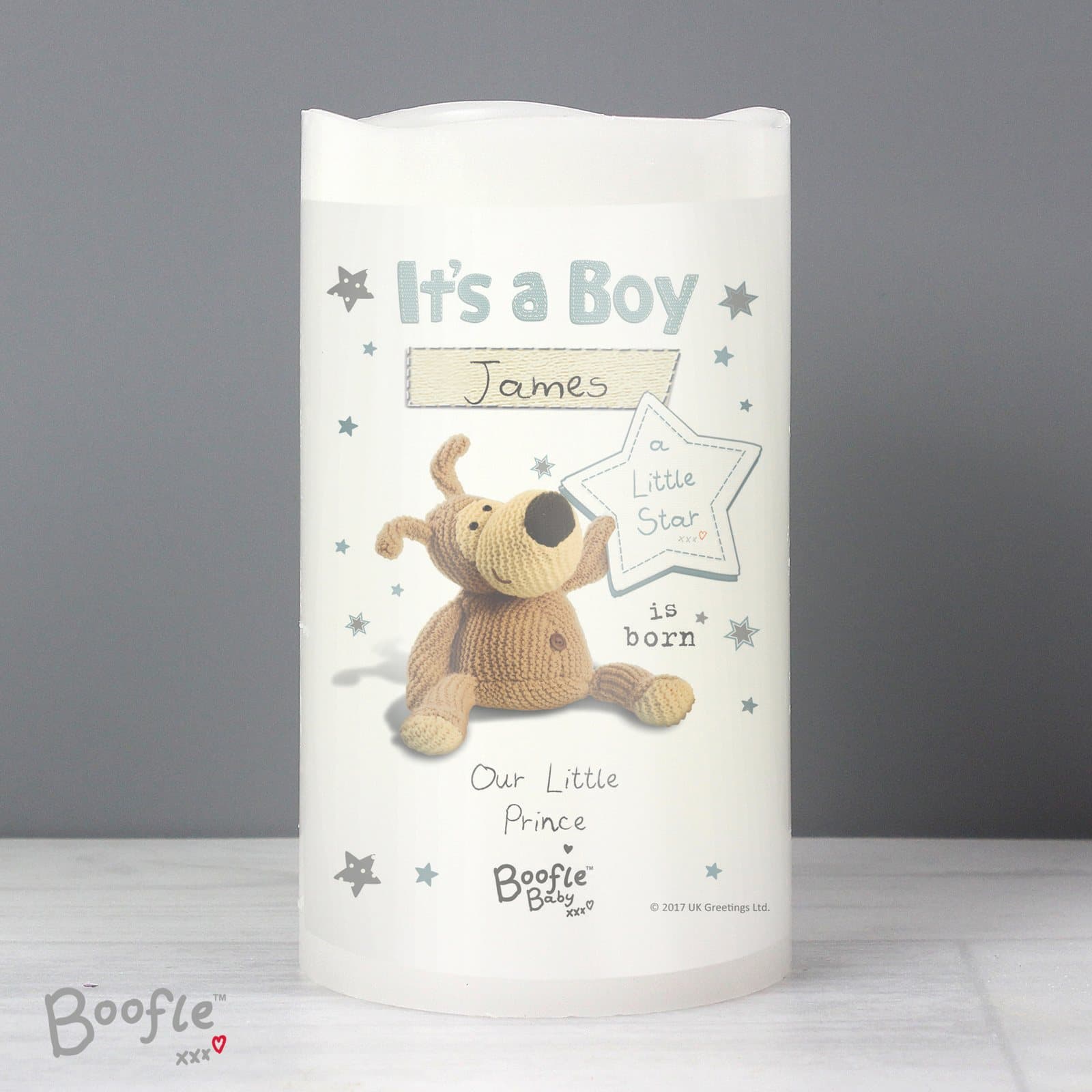 Boofle It's a Boy nightlight LED candle personalised with a name, in an organza bag