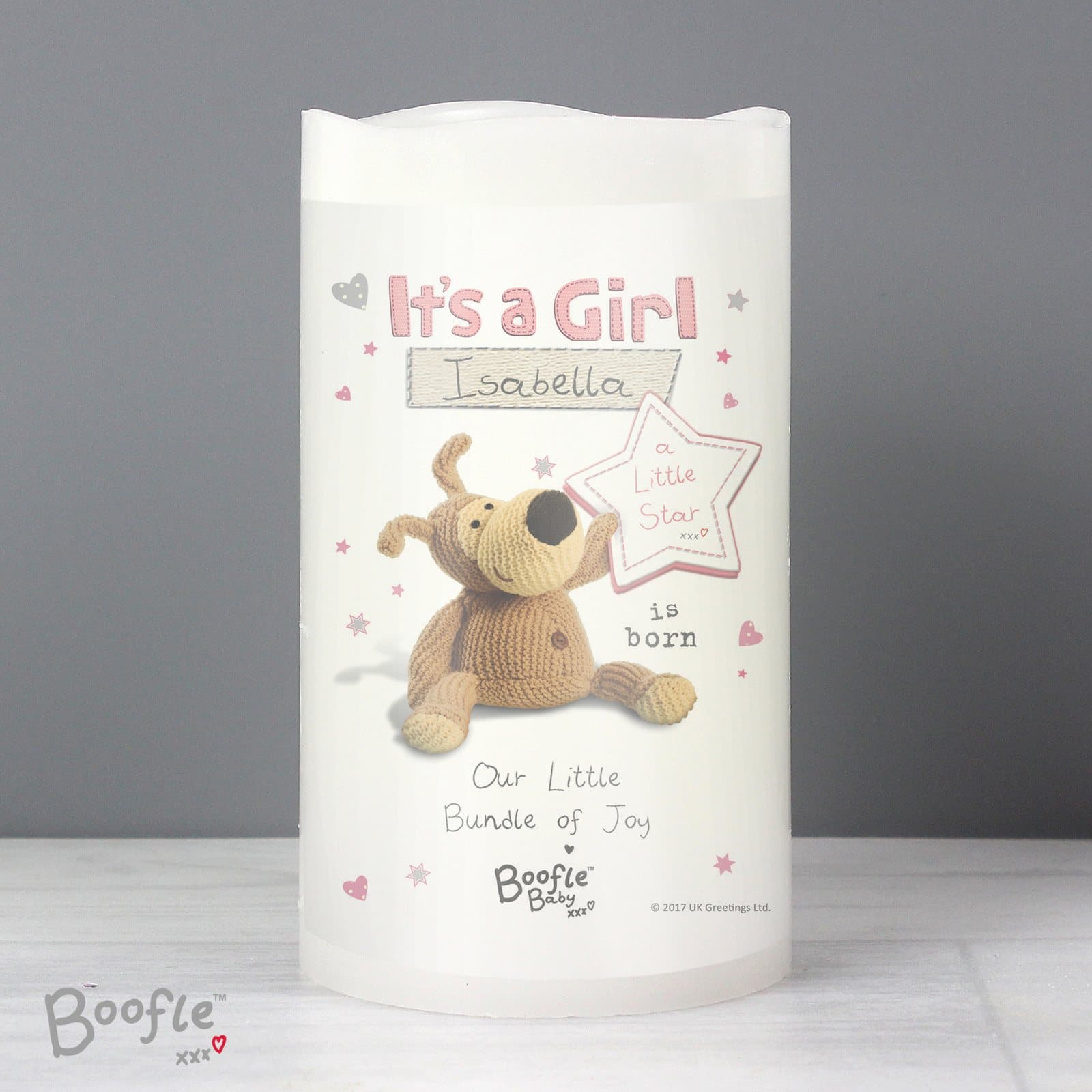 Boofle It's a Girl nightlight LED candle personalised with a name, in an organza bag