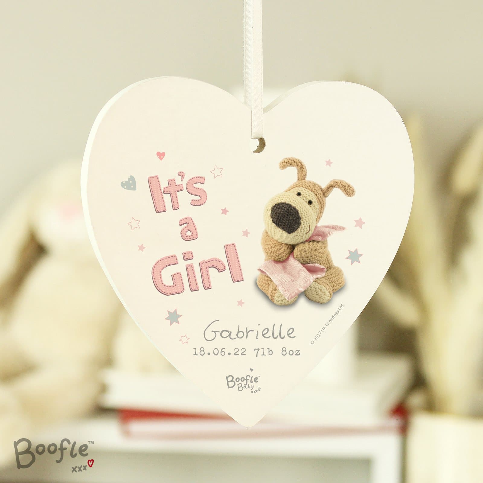 Wooden heart decoration with Boofle design and It's a Girl wording with ribbon