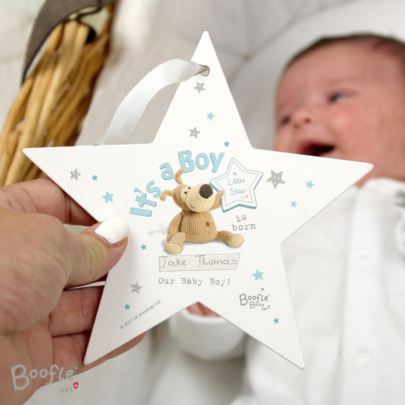 Boofle It's a Boy wooden star decoration with ribbon and personalised name