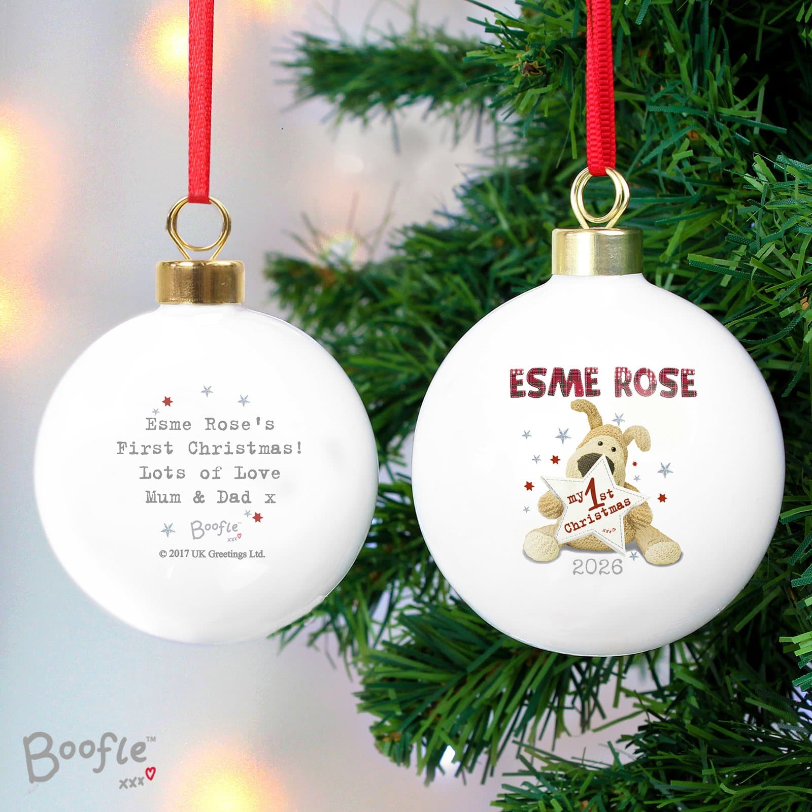 Ceramic Boofle my 1st Christmas bauble with ribbon and a personalised name