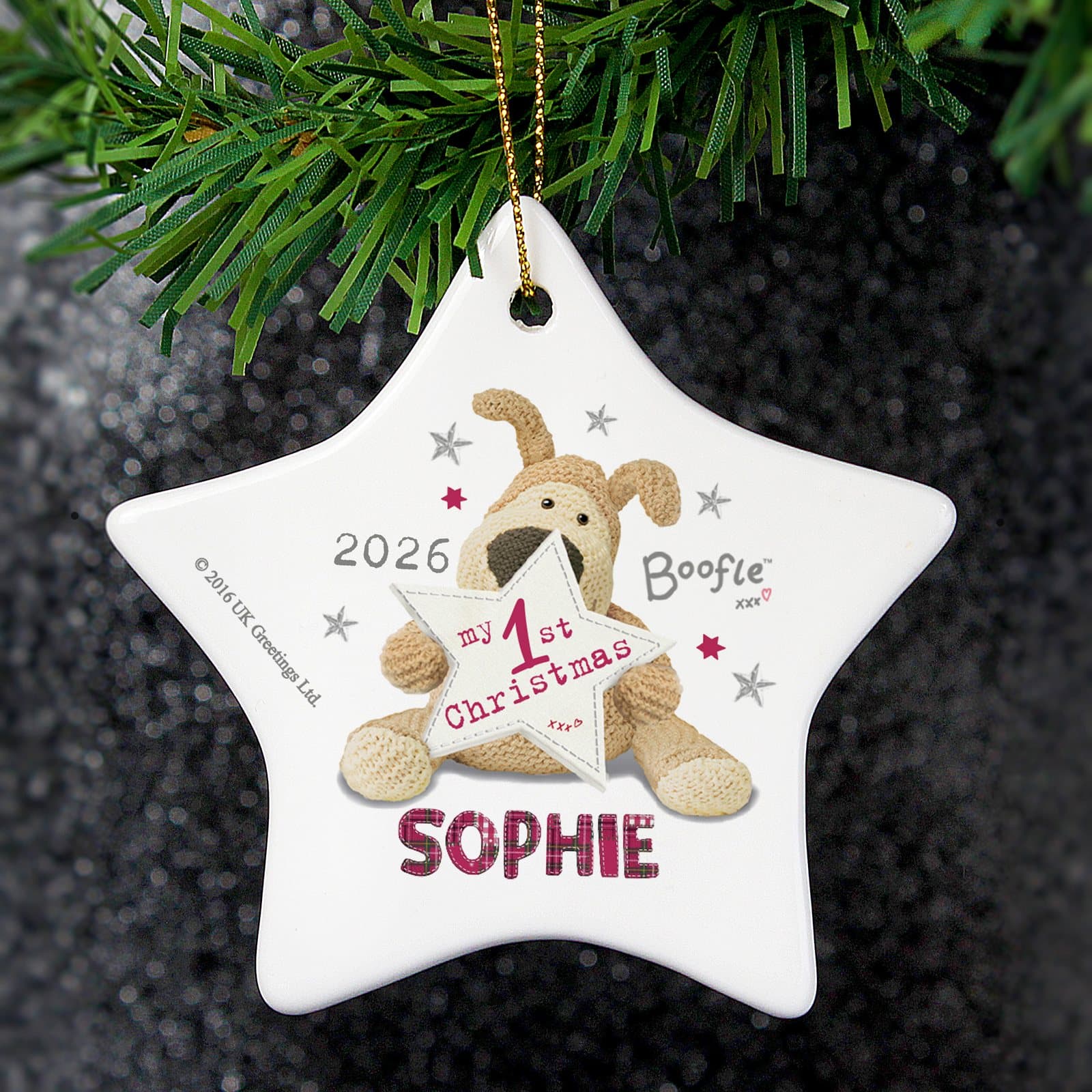Ceramic star decoration for a Boofle my 1st Christmas, personalised with name and year