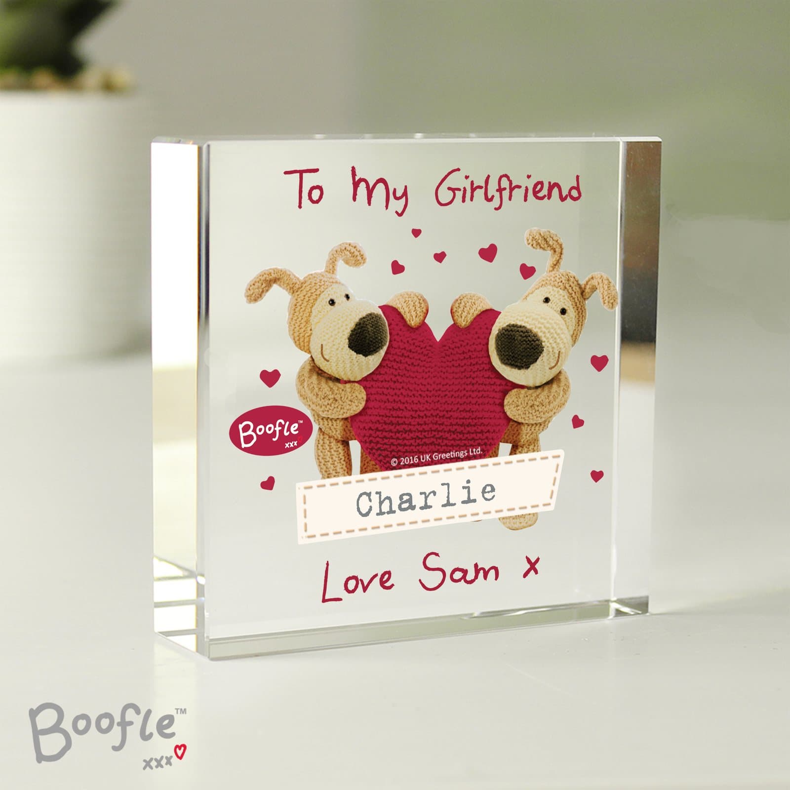 Boofle shared heart crystal token personalised with three lines of text